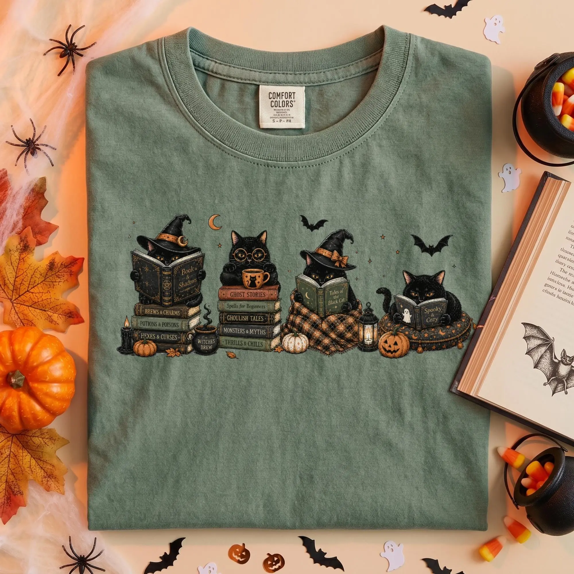 Comfort Colors Retro Black Cat Bookish Halloween Shirt, Cute Spooky Season Book Lover Graphic Tee