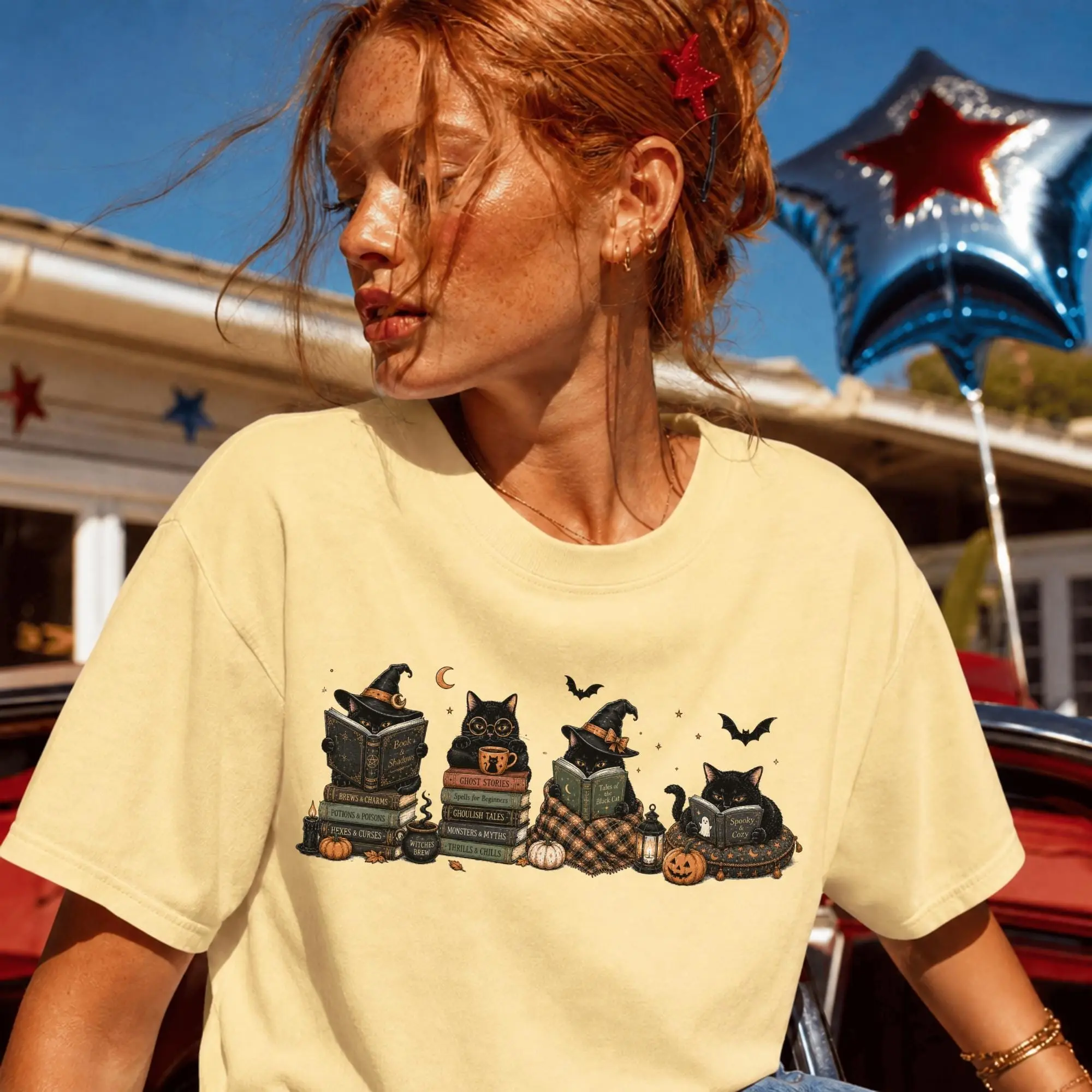 Comfort Colors Retro Black Cat Bookish Halloween Shirt, Cute Spooky Season Book Lover Graphic Tee - photo 2