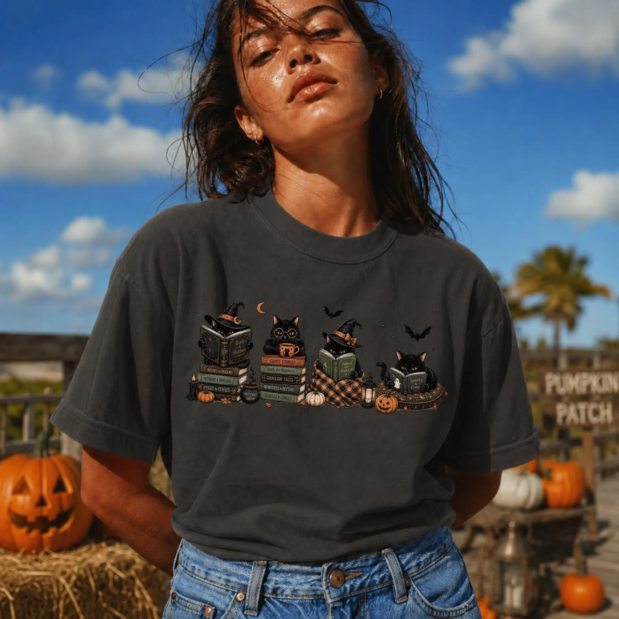 Comfort Colors Retro Black Cat Bookish Halloween Shirt, Cute Spooky Season Book Lover Graphic Tee - photo 3