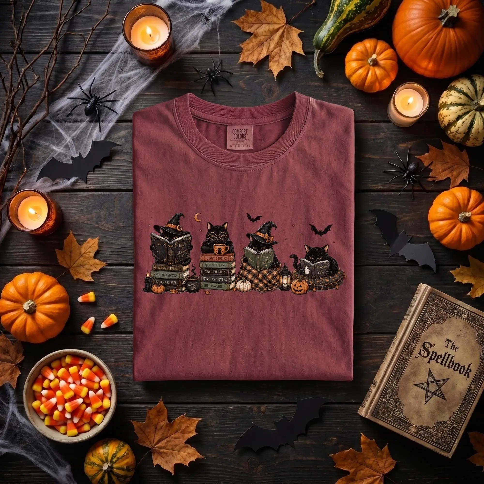 Comfort Colors Retro Black Cat Bookish Halloween Shirt, Cute Spooky Season Book Lover Graphic Tee - photo 4