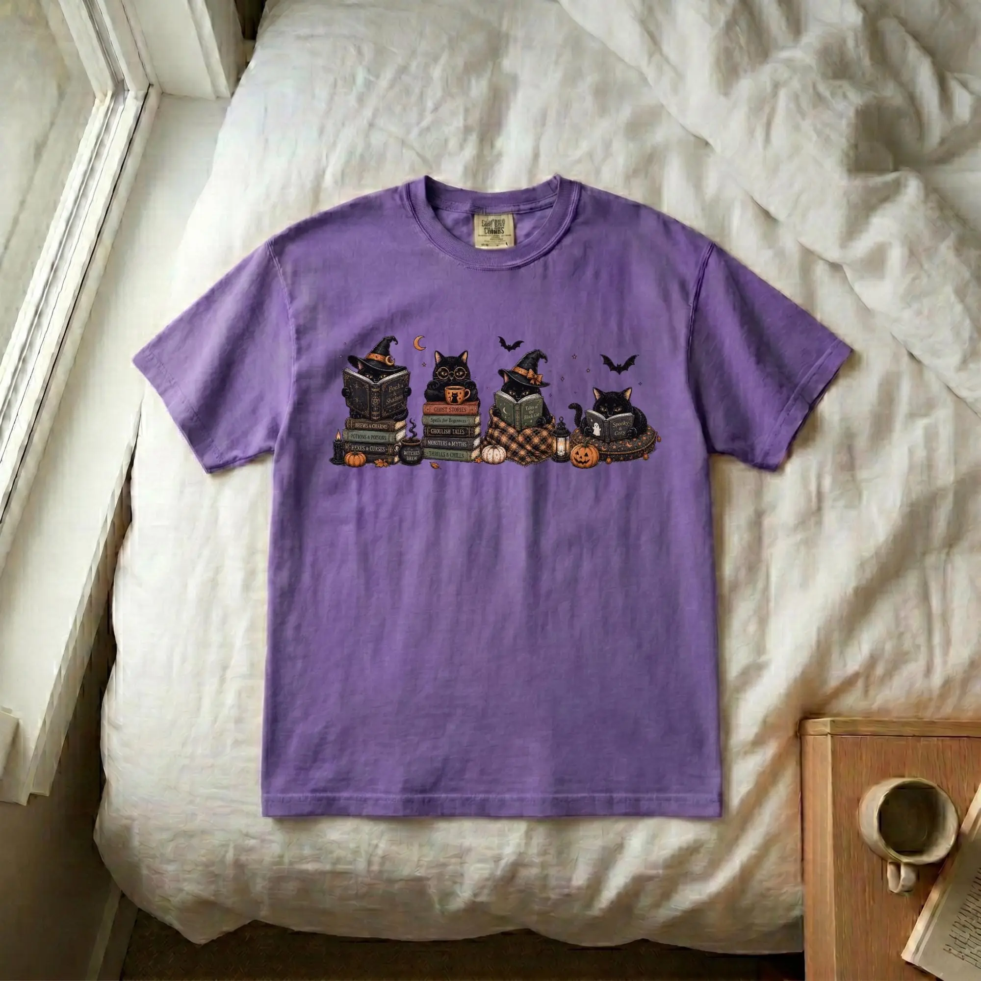 Comfort Colors Retro Black Cat Bookish Halloween Shirt, Cute Spooky Season Book Lover Graphic Tee - photo 5