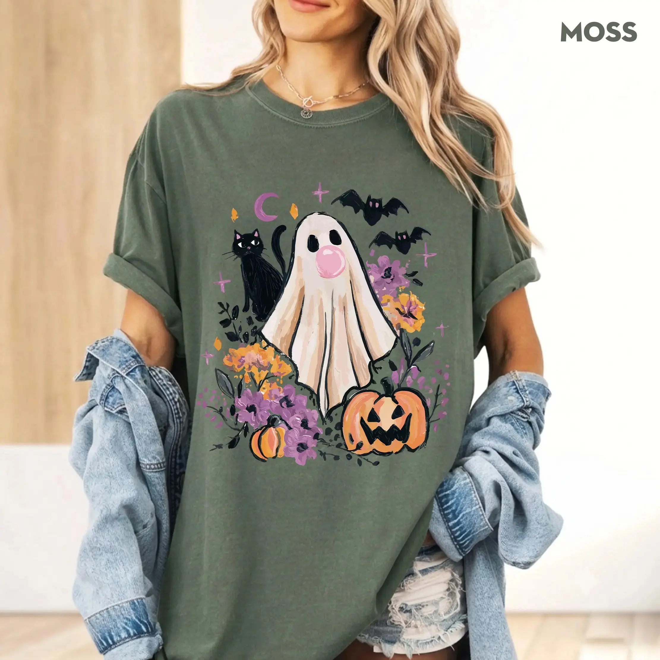 Comfort Colors Retro Boho Floral Bubblegum Ghost Cat Shirt, Fall Pumpkin Halloween Tee, Womens Cute Girly Vintage Spooky Season Top - photo 4