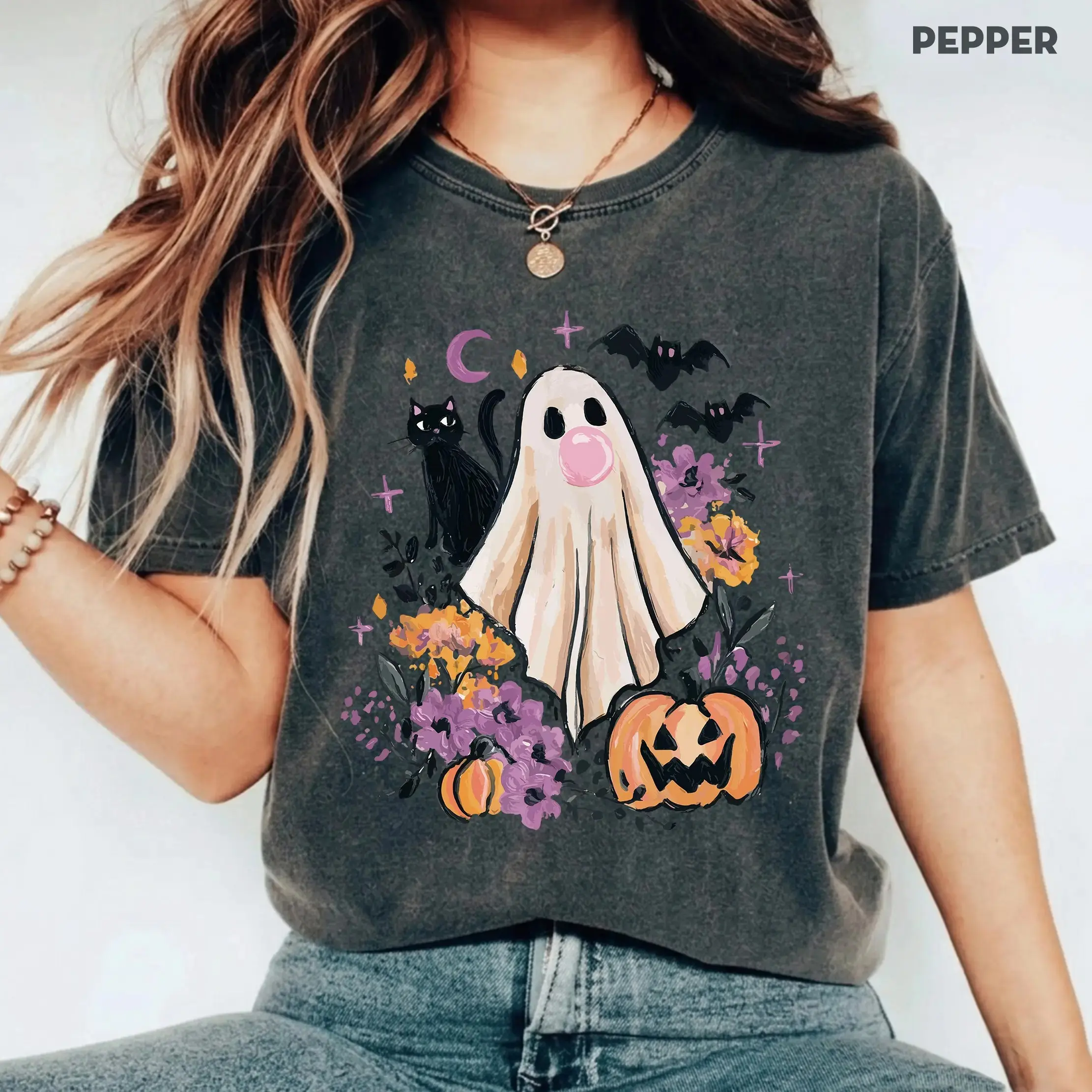 Comfort Colors Retro Boho Floral Bubblegum Ghost Cat Shirt, Fall Pumpkin Halloween Tee, Womens Cute Girly Vintage Spooky Season Top - photo 5