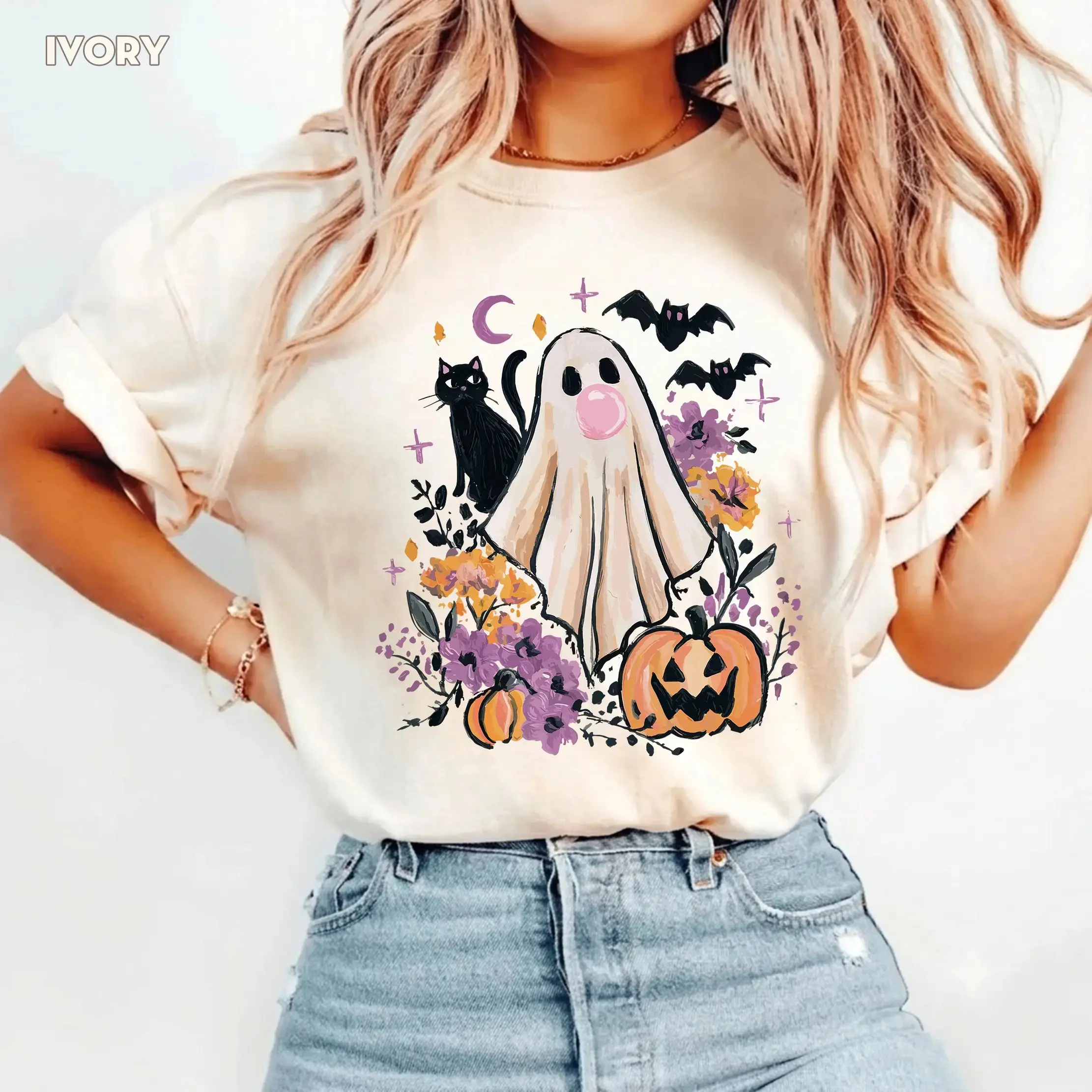 Comfort Colors Retro Boho Floral Ghost Cat Halloween Shirt for Women, Bubblegum Pumpkin Fall Graphic Tee, Cute Girly Vintage Top