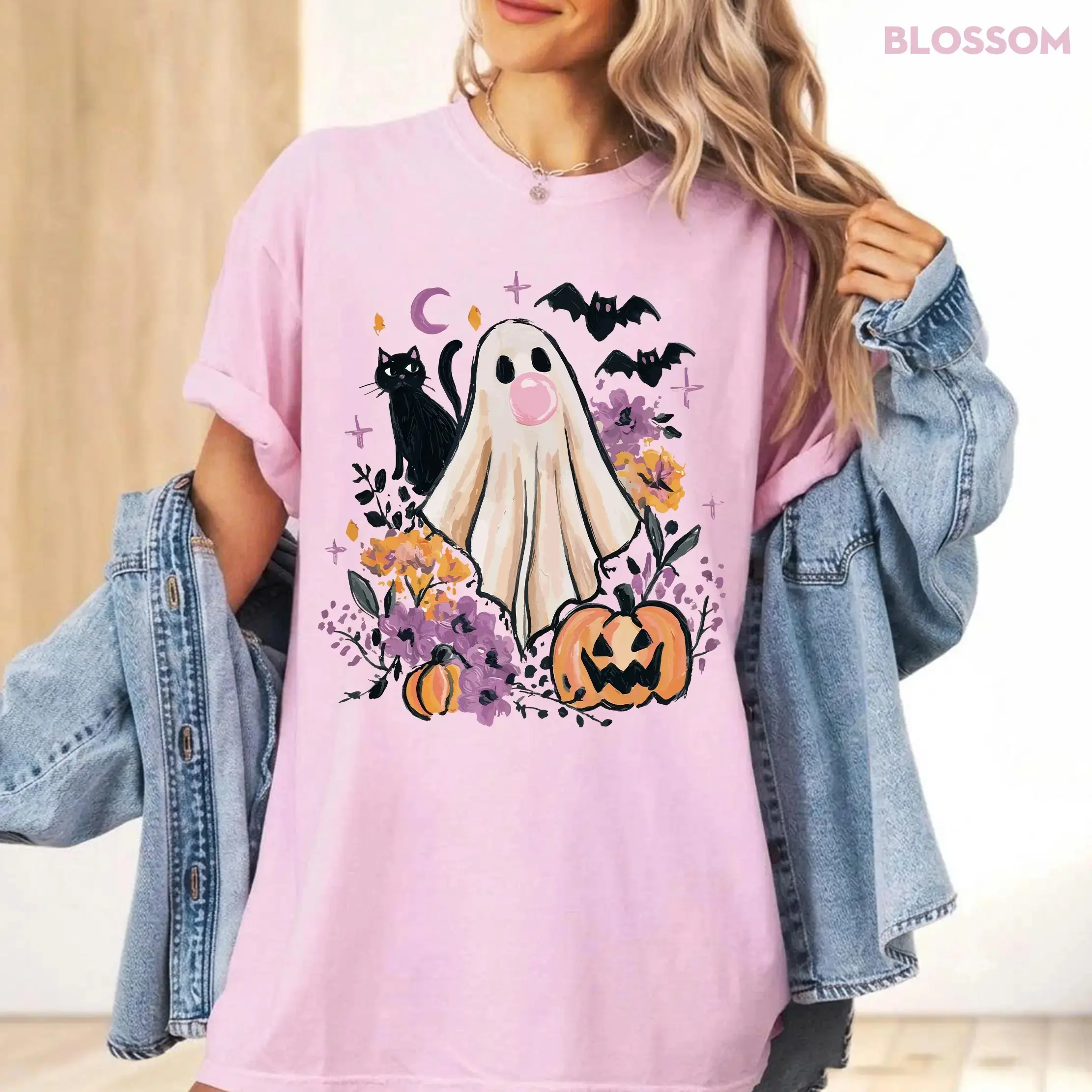 Comfort Colors Retro Boho Floral Ghost Cat Halloween Shirt for Women, Bubblegum Pumpkin Fall Graphic Tee, Cute Girly Vintage Top - photo 2