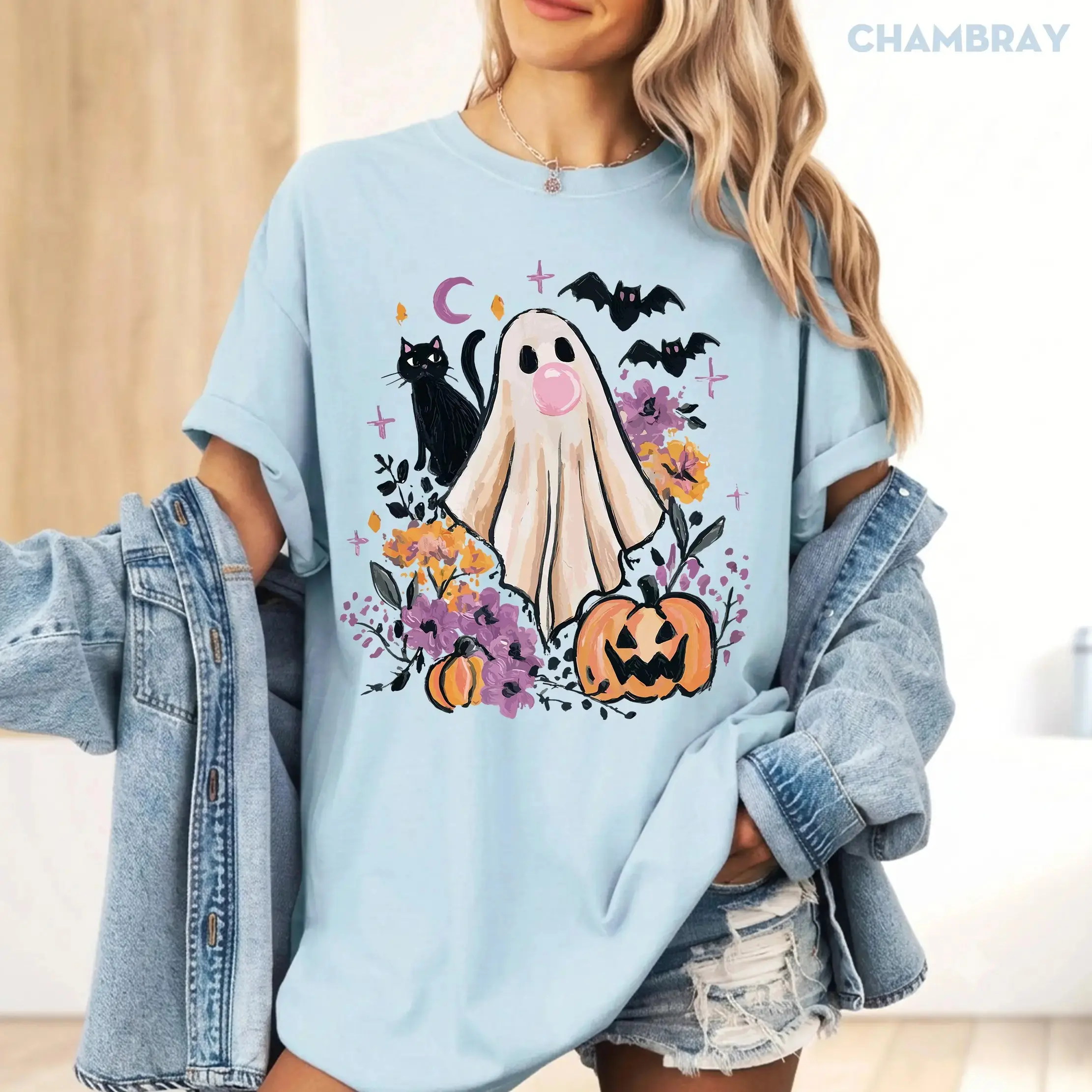 Comfort Colors Retro Boho Floral Ghost Cat Halloween Shirt for Women, Bubblegum Pumpkin Fall Graphic Tee, Cute Girly Vintage Top - photo 3