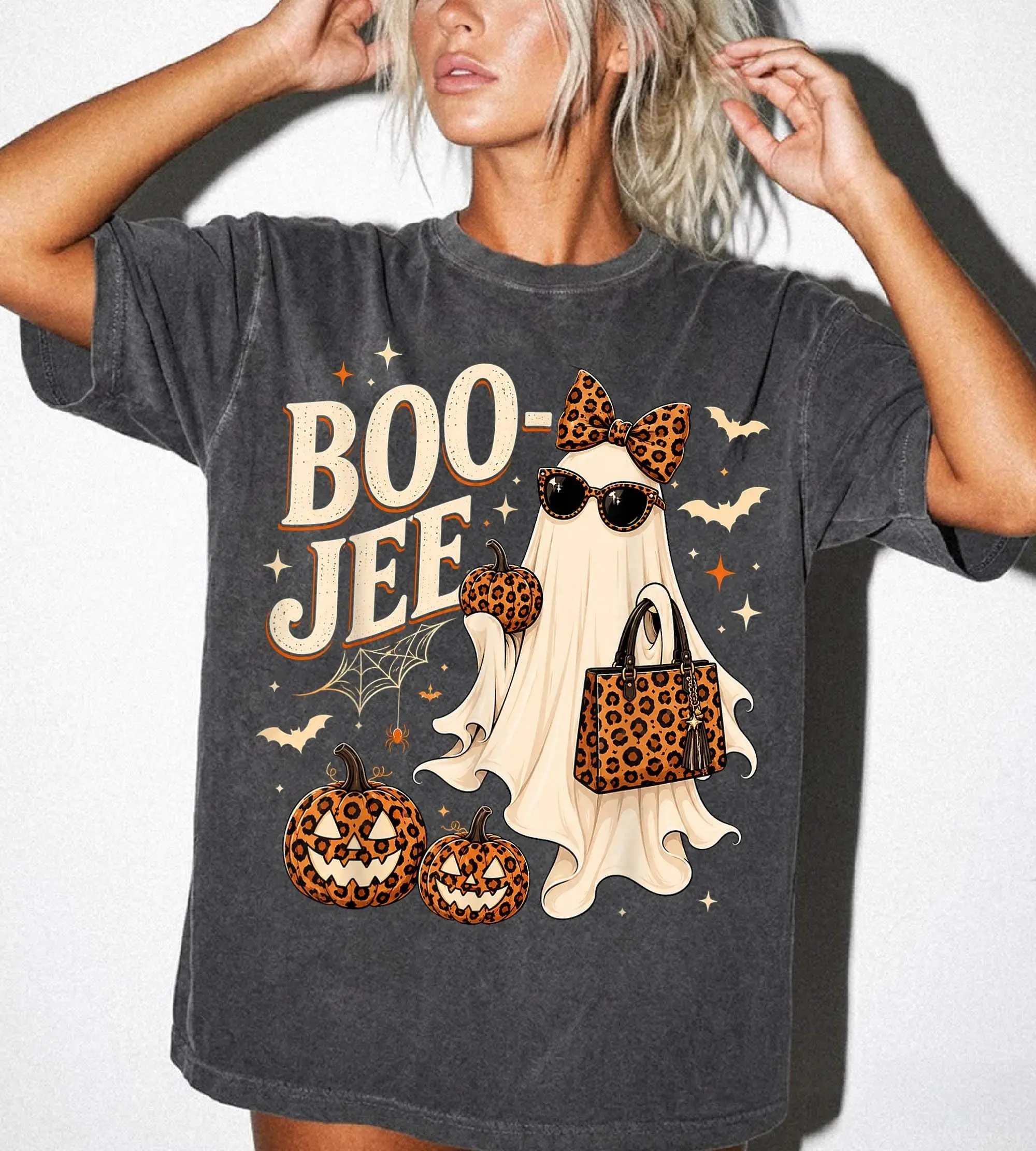 Comfort Colors Retro Boo Jee Ghost T-Shirt, Leopard Girly Halloween Graphic Tee