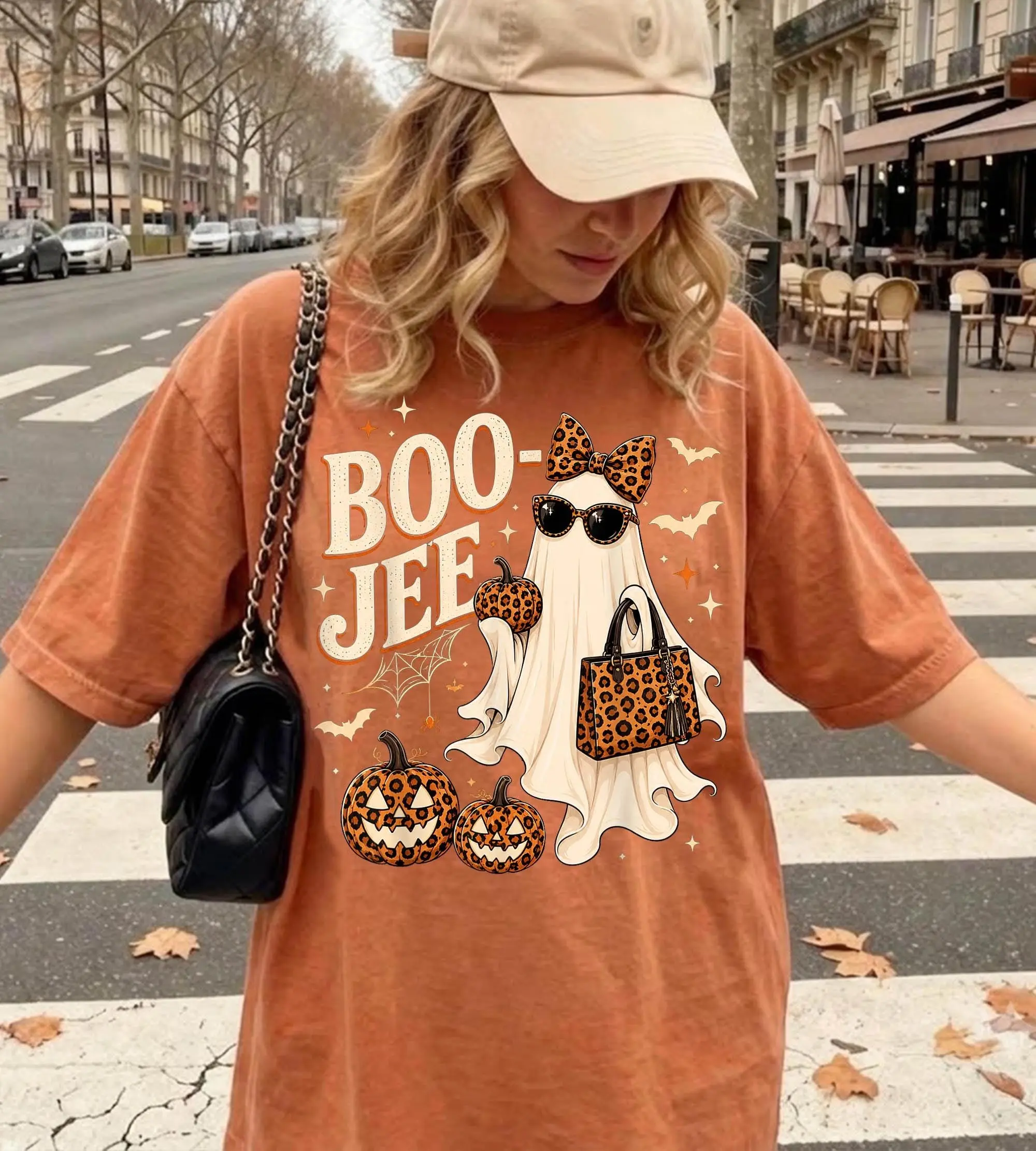 Comfort Colors Retro Boo Jee Ghost T-Shirt, Leopard Girly Halloween Graphic Tee - photo 3