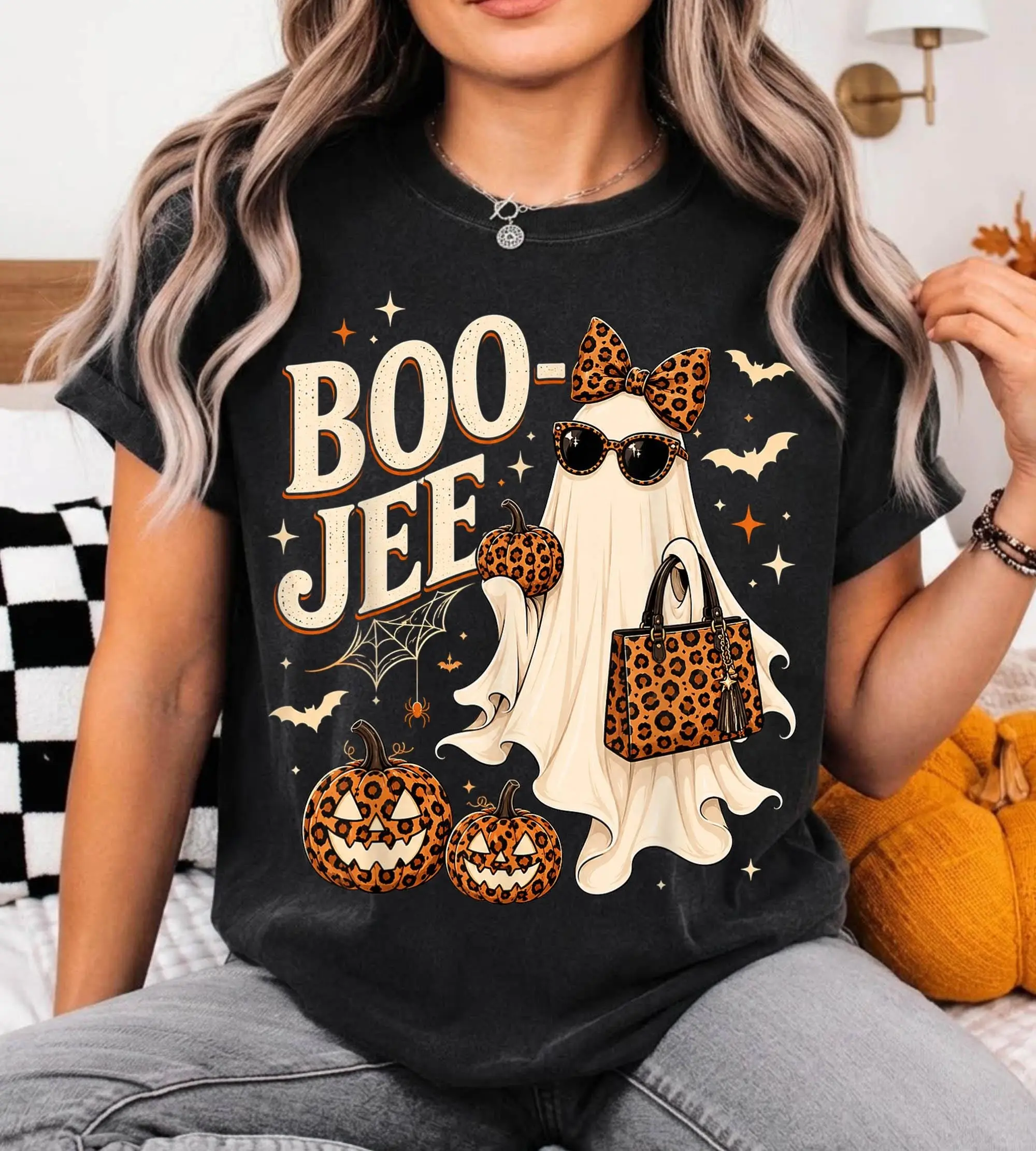 Comfort Colors Retro Boo Jee Ghost T-Shirt, Leopard Girly Halloween Graphic Tee - photo 4