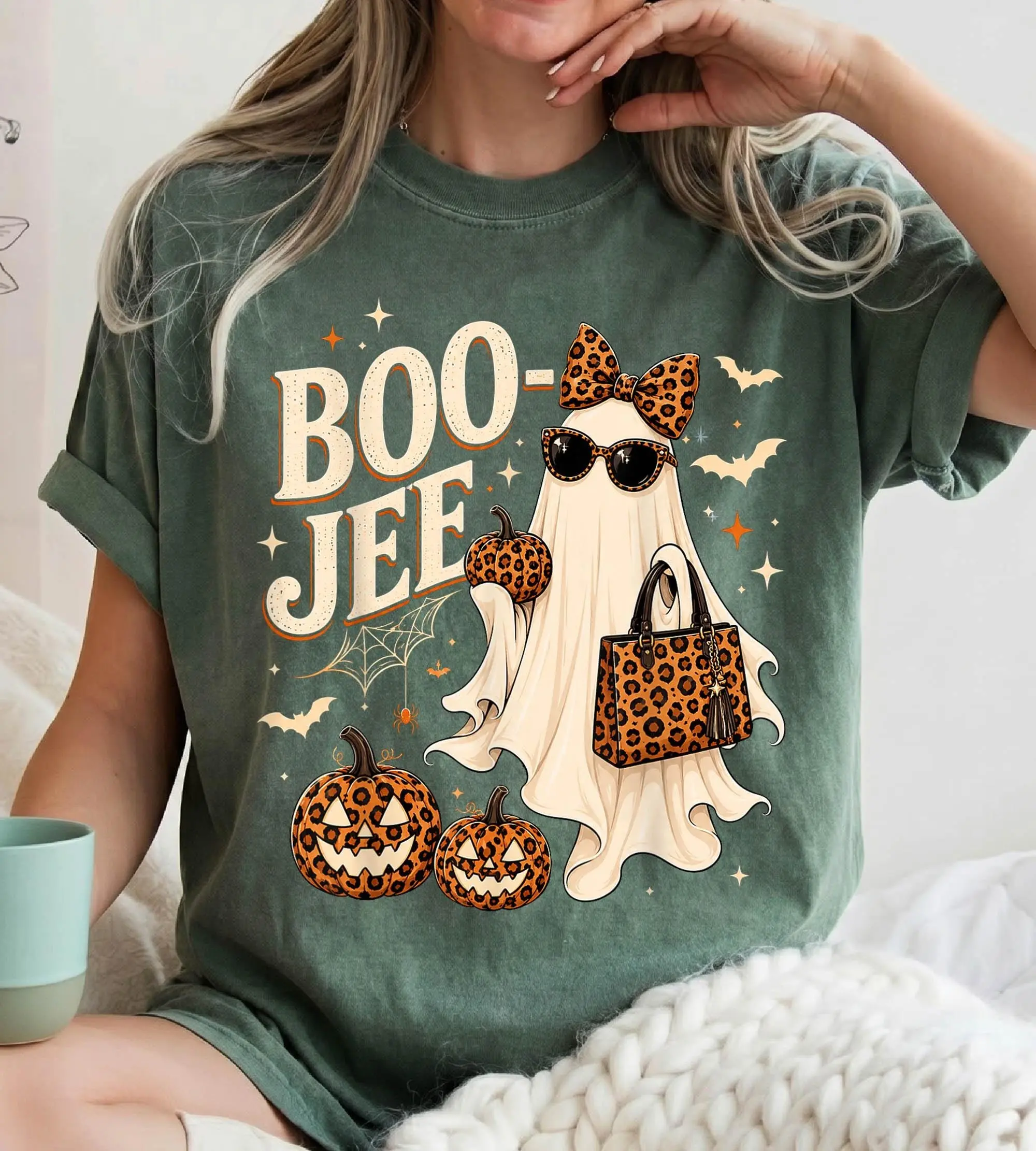Comfort Colors Retro Boo Jee Ghost T-Shirt, Leopard Girly Halloween Graphic Tee - photo 5