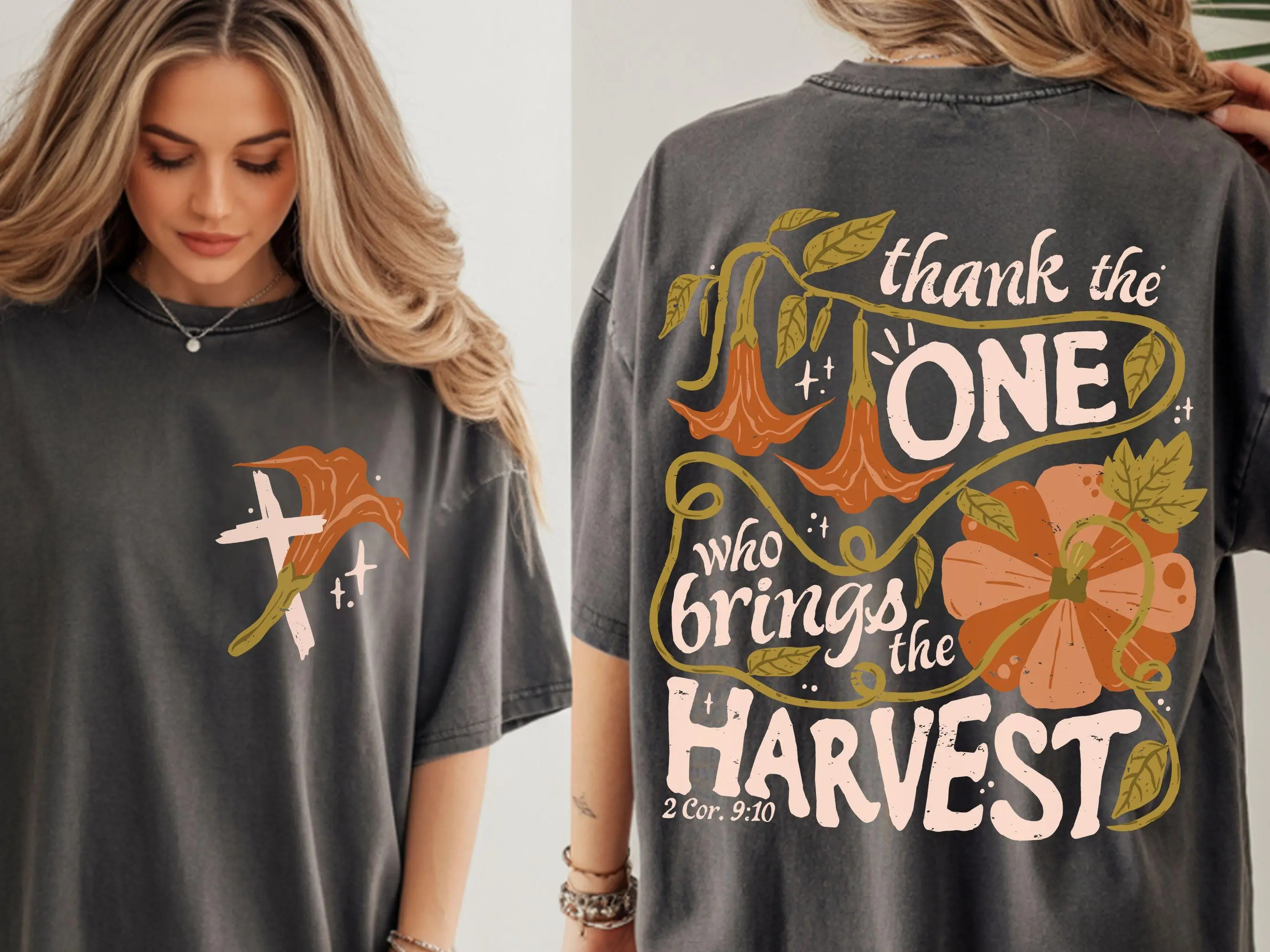 Comfort Colors Retro Christian Double Sided Thanksgiving Shirt, Give Thanks to the Lord Harvest is Plenty Tee