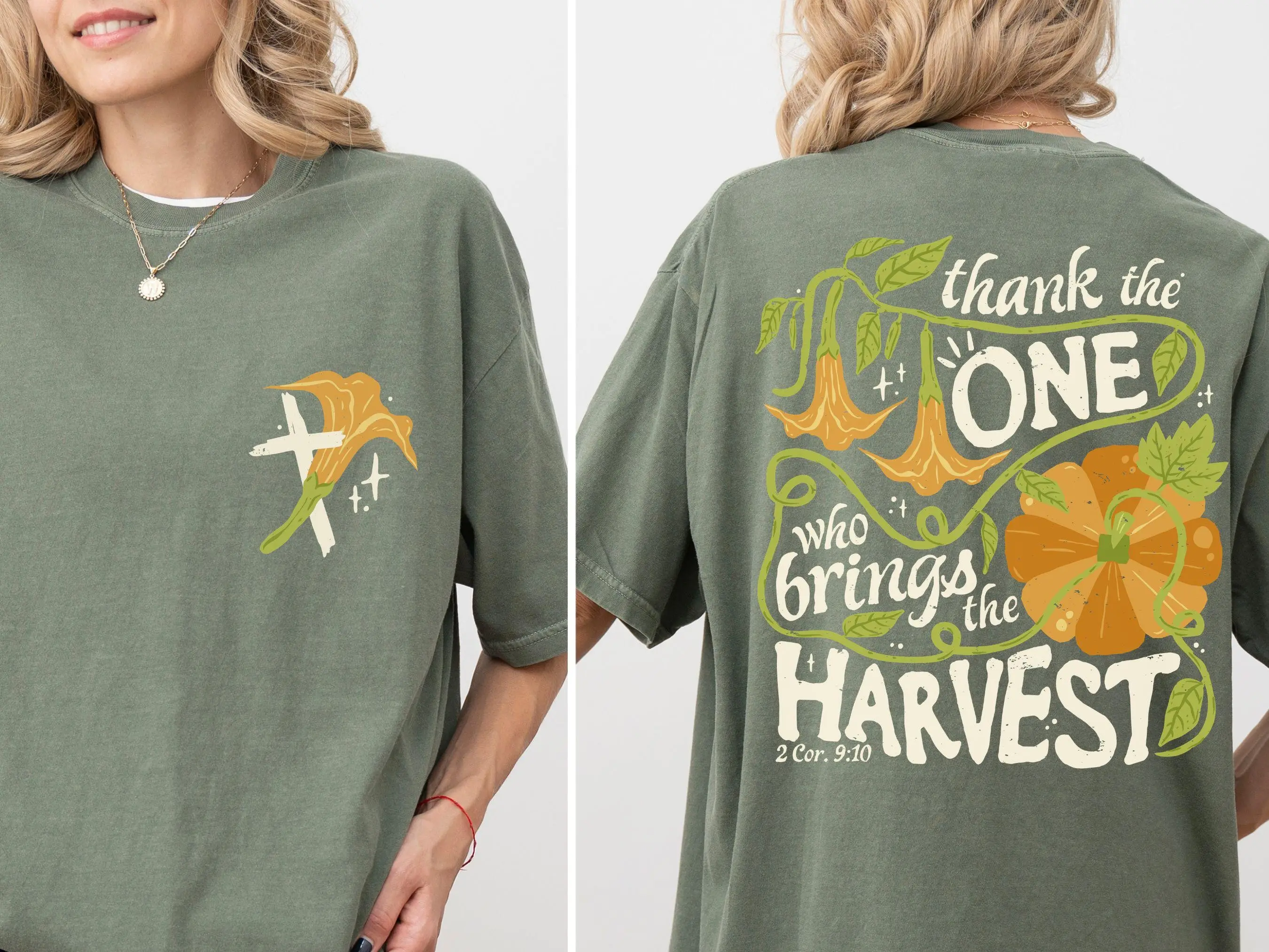 Comfort Colors Retro Christian Double Sided Thanksgiving Shirt, Give Thanks to the Lord Harvest is Plenty Tee - photo 2