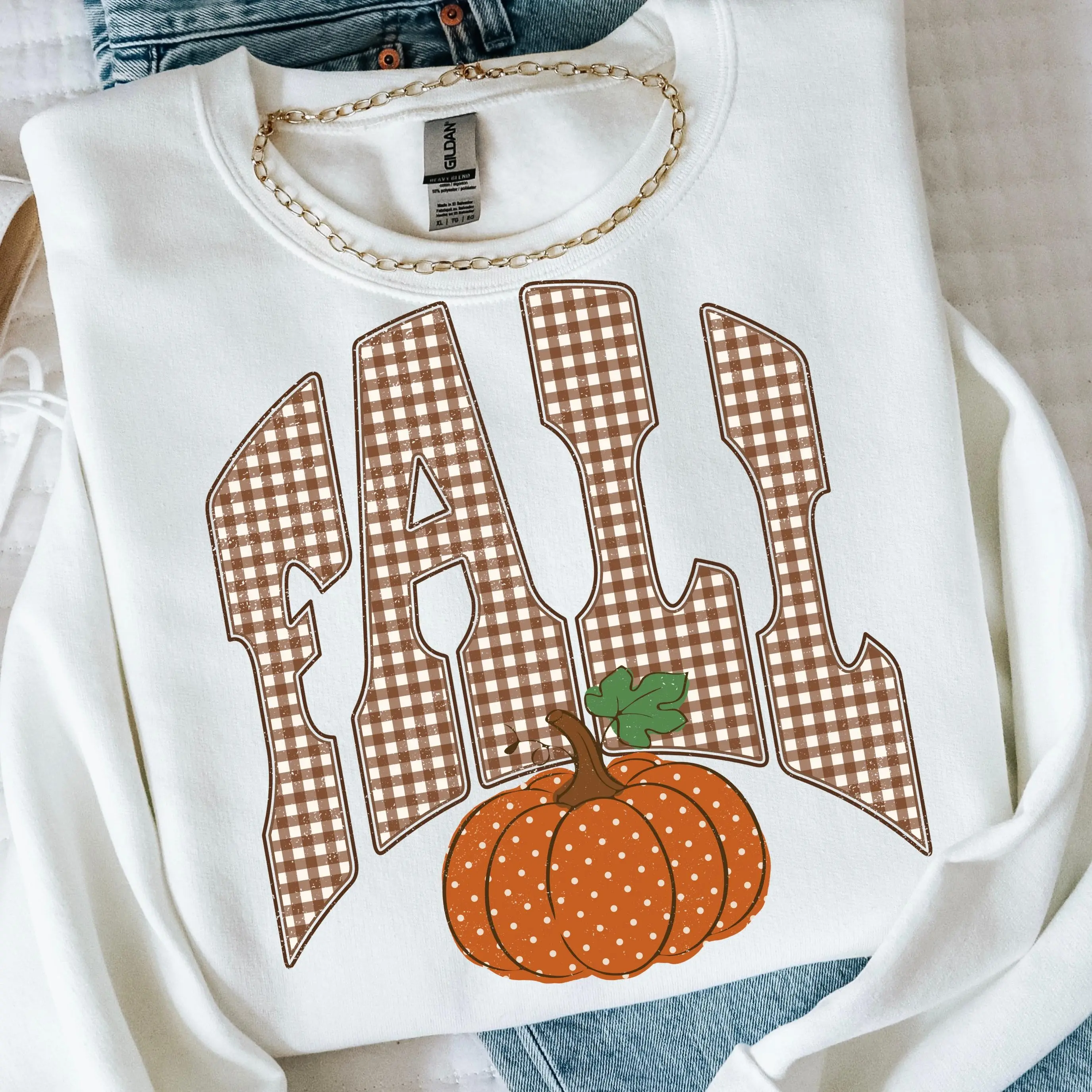 Comfort Colors Retro Fall T-Shirt, Gingham Pumpkin Autumn Graphic Cozy Season Tee - photo 2