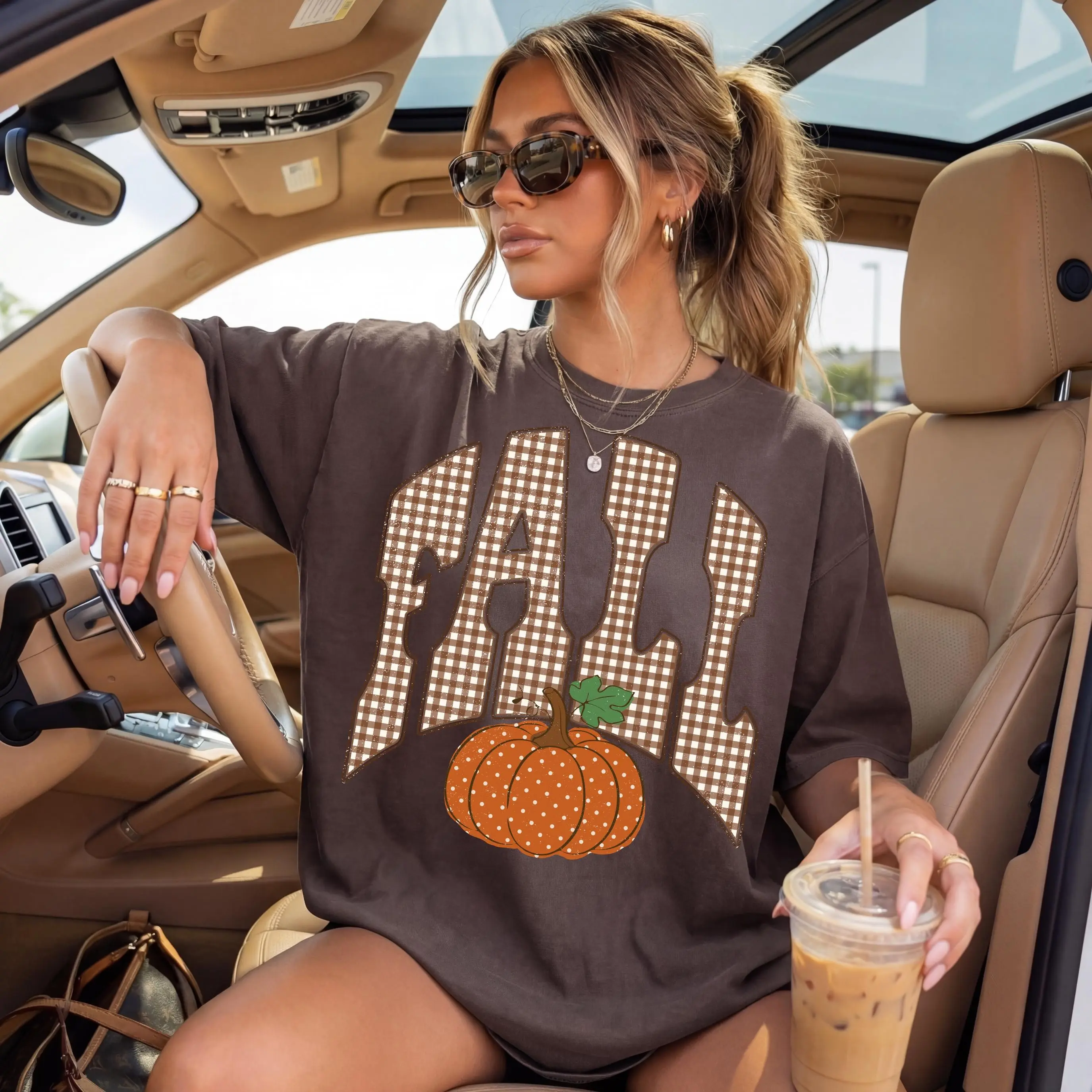 Comfort Colors Retro Fall T-Shirt, Gingham Pumpkin Autumn Graphic Cozy Season Tee - photo 4