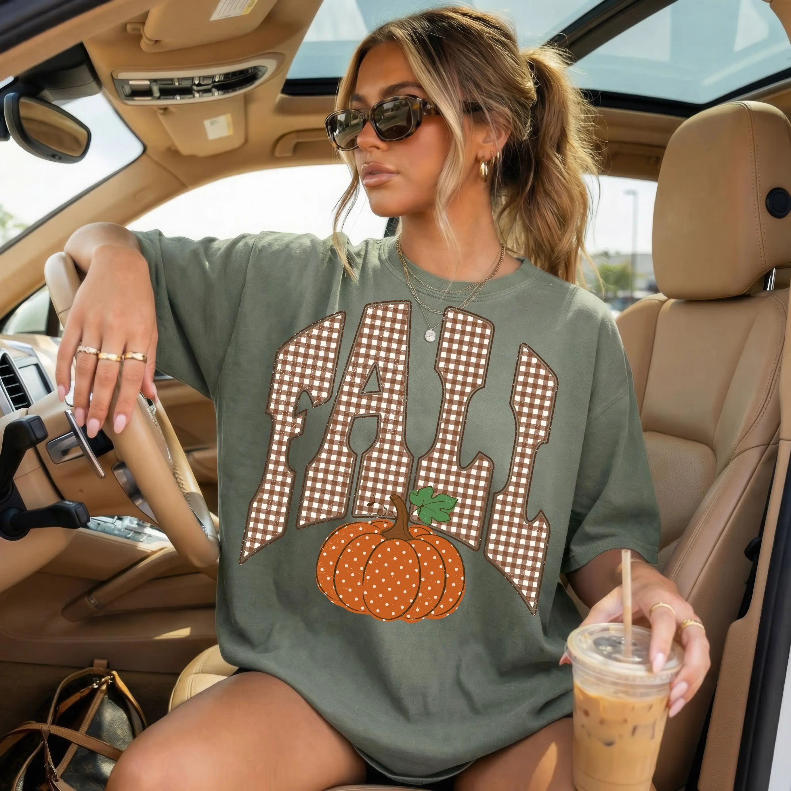 Comfort Colors Retro Fall T-Shirt, Gingham Pumpkin Autumn Graphic Cozy Season Tee - photo 5