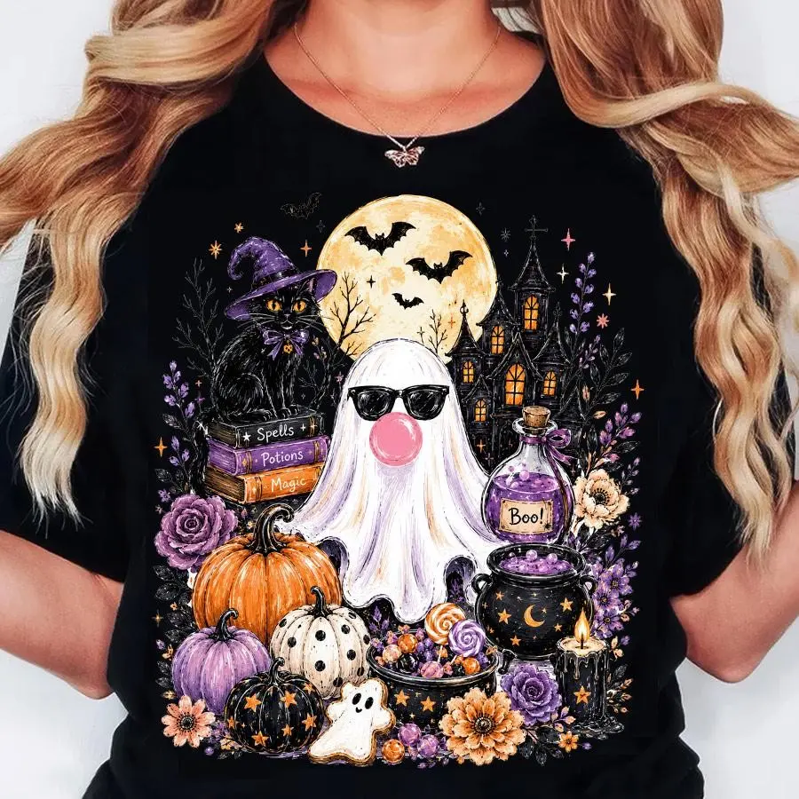 Comfort Colors Retro Ghost Blowing Bubble Gum Shirt, Distressed Girly Haunted House Halloween Tee for Women - photo 2