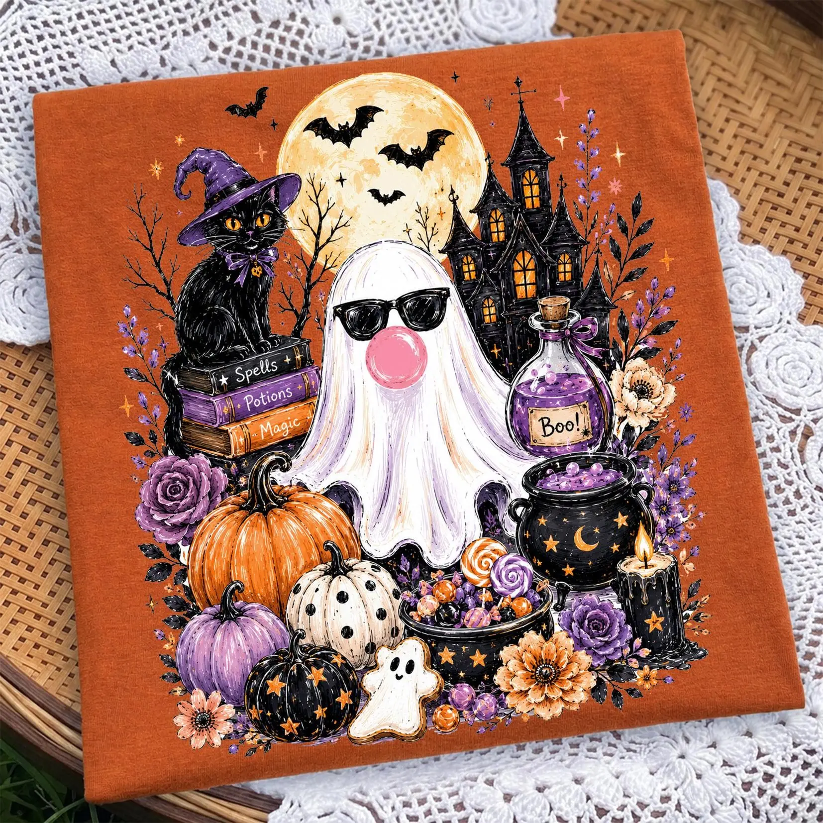 Comfort Colors Retro Ghost Blowing Bubble Gum Shirt, Distressed Girly Haunted House Halloween Tee for Women - photo 3