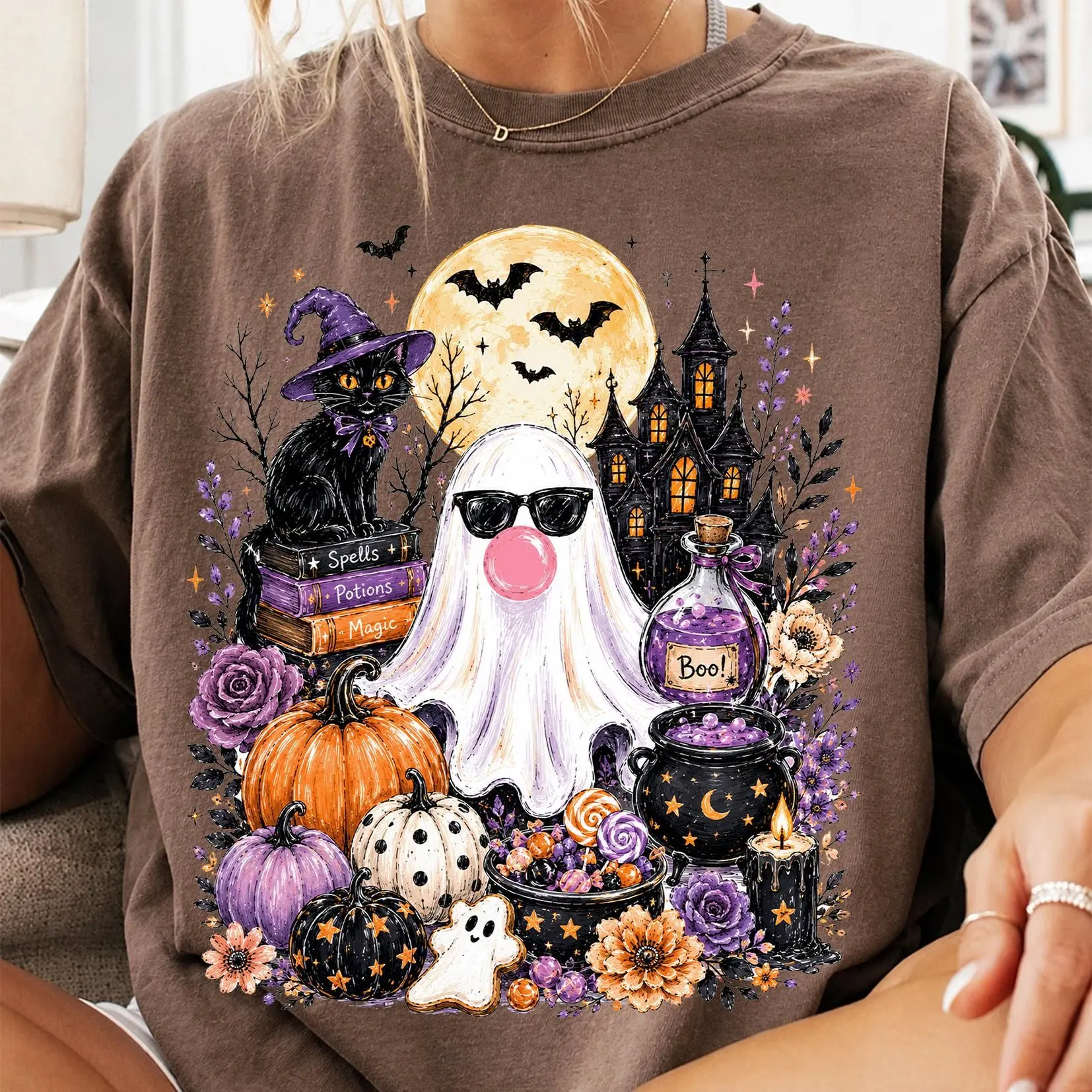 Comfort Colors Retro Ghost Blowing Bubble Gum Shirt, Distressed Girly Haunted House Halloween Tee for Women - photo 4