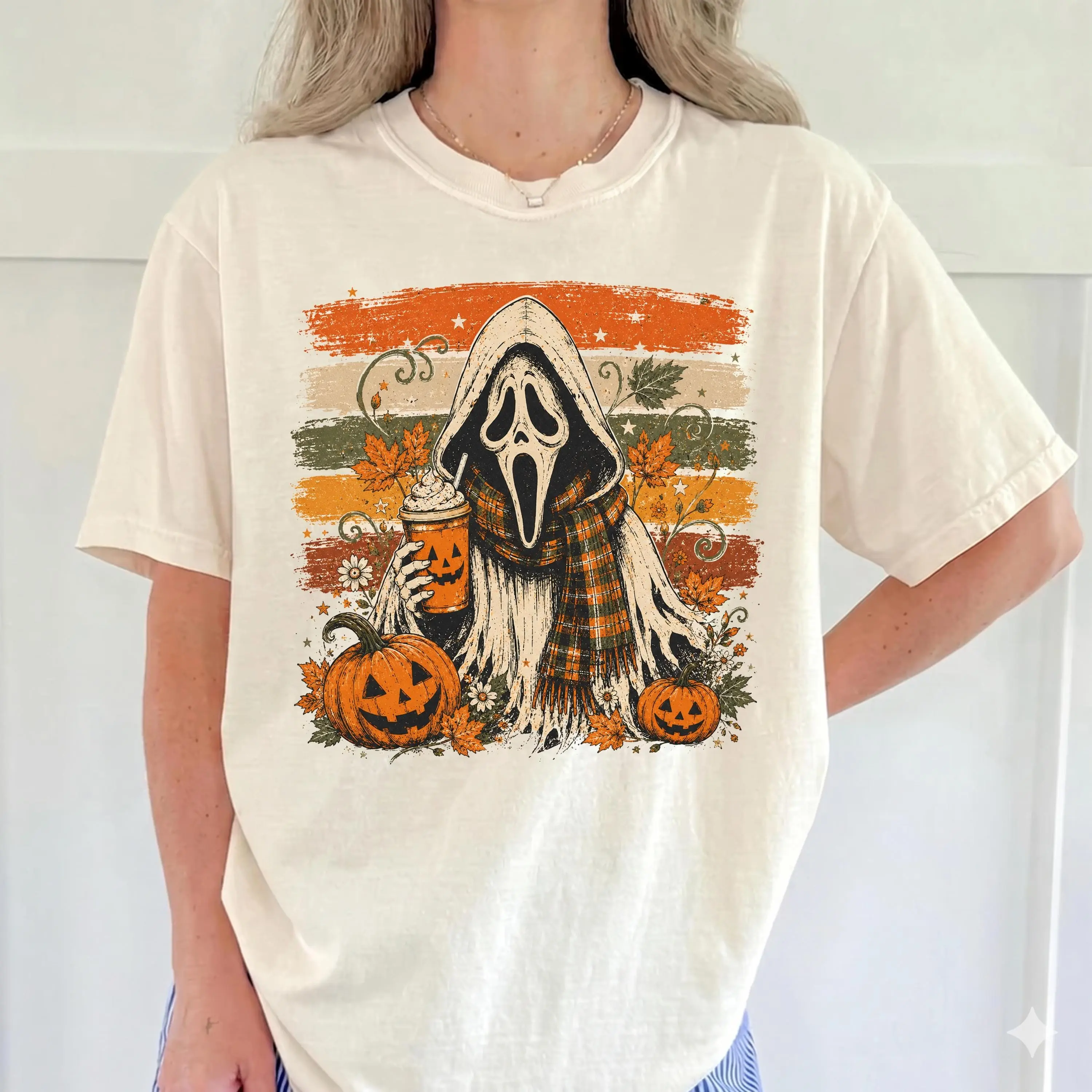Comfort Colors Retro Ghost Tee for Women, Halloween Pumpkin Shirt, Cute Fall Graphic Top
