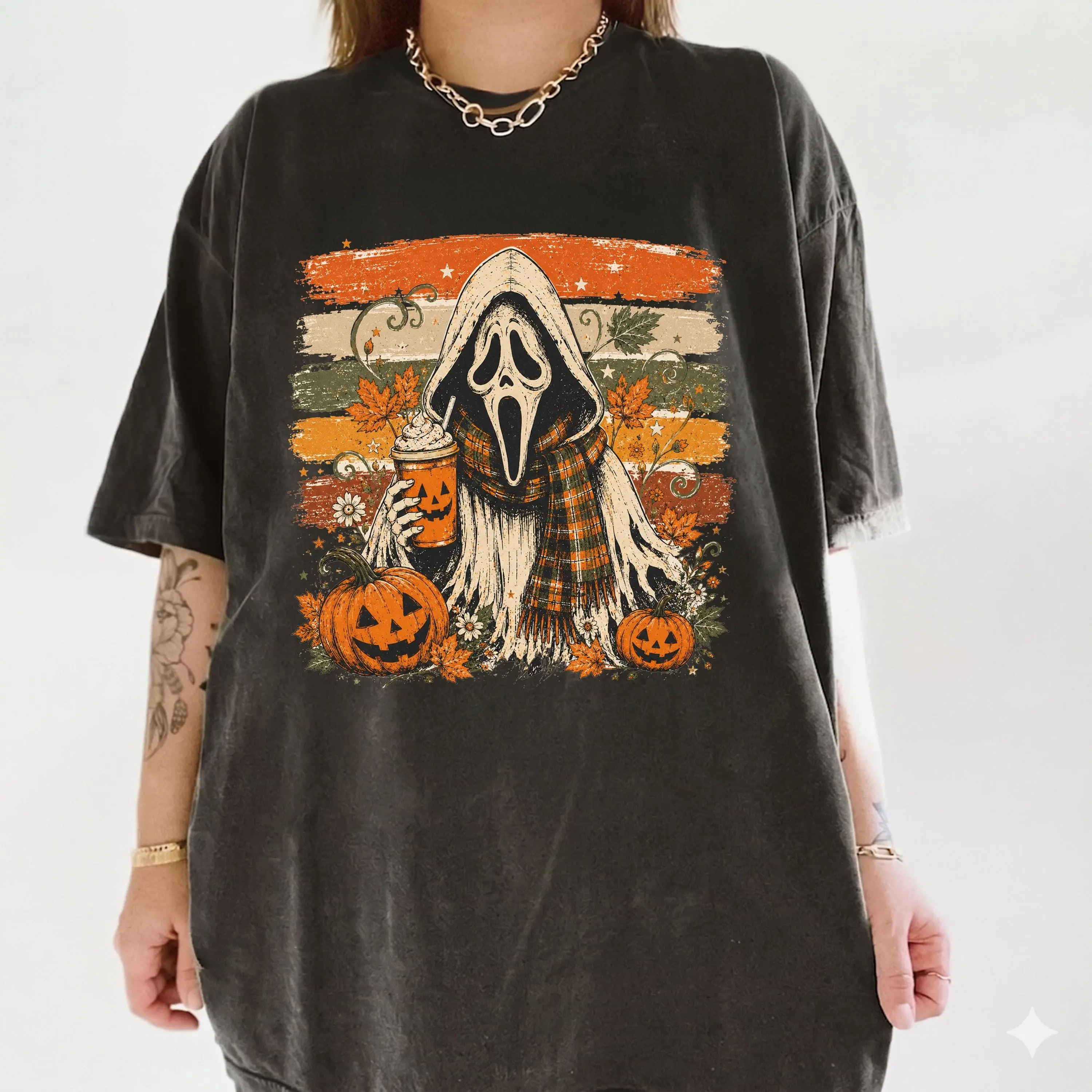 Comfort Colors Retro Ghost Tee for Women, Halloween Pumpkin Shirt, Cute Fall Graphic Top - photo 3