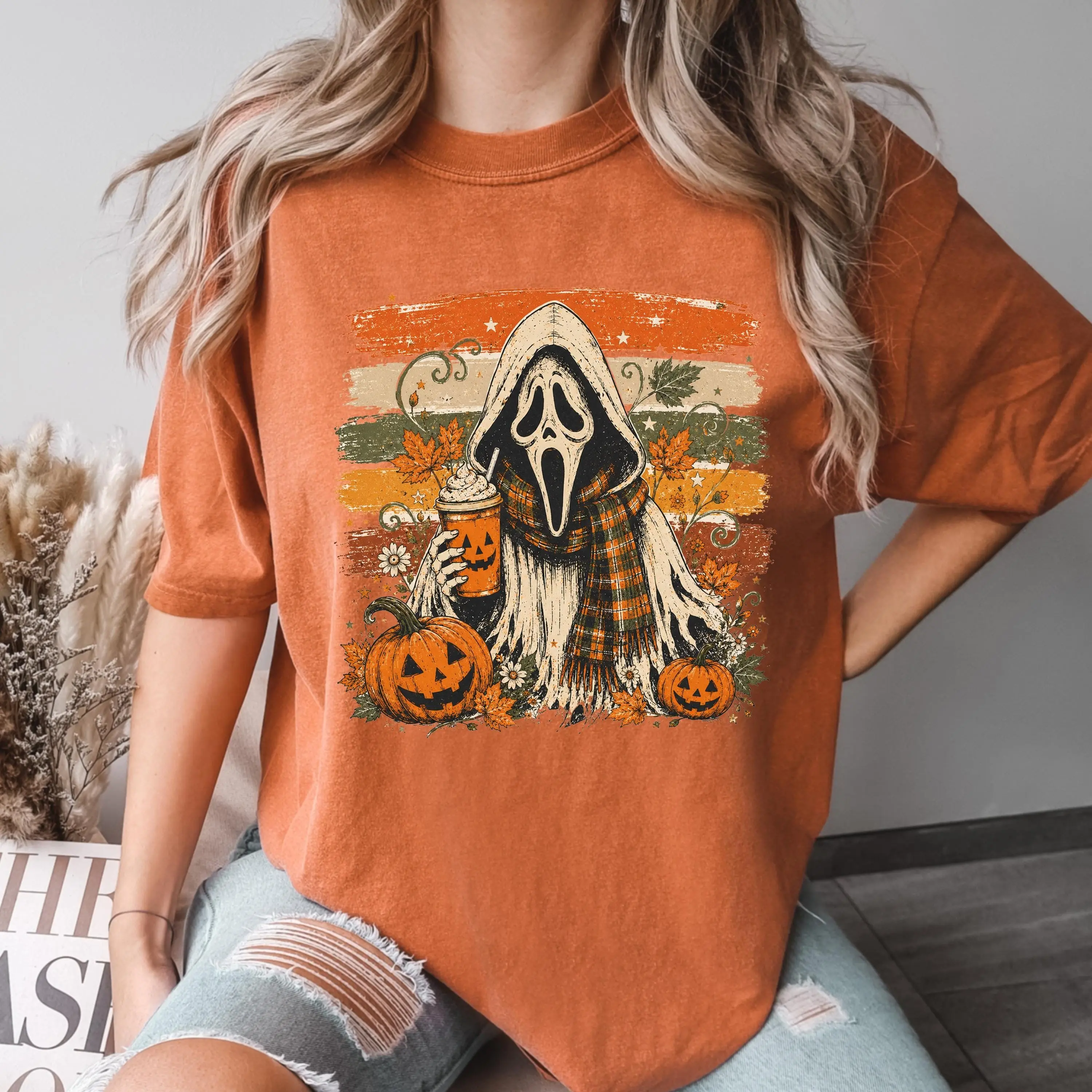 Comfort Colors Retro Ghost Tee for Women, Halloween Pumpkin Shirt, Cute Fall Graphic Top - photo 4