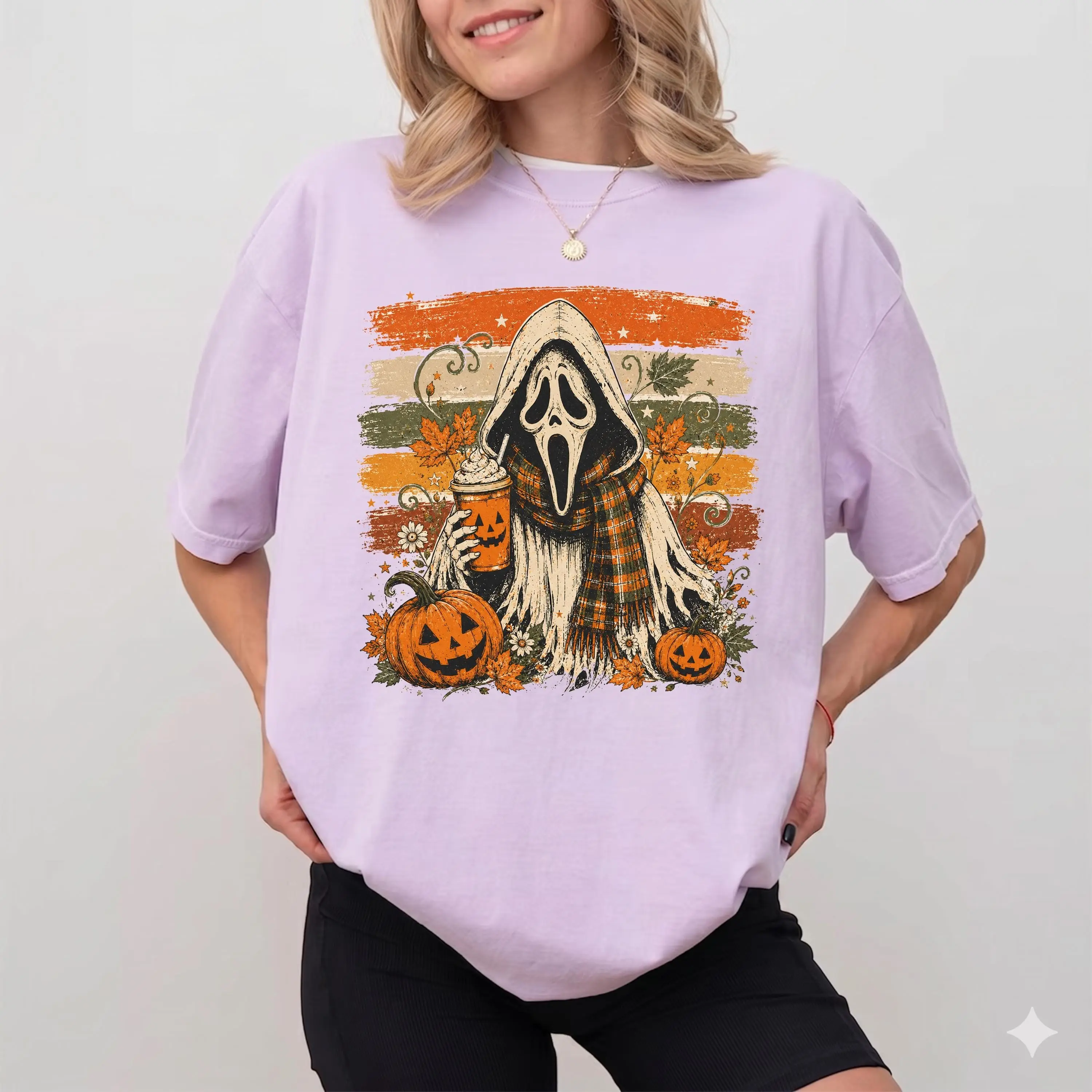 Comfort Colors Retro Ghost Tee for Women, Halloween Pumpkin Shirt, Cute Fall Graphic Top - photo 5