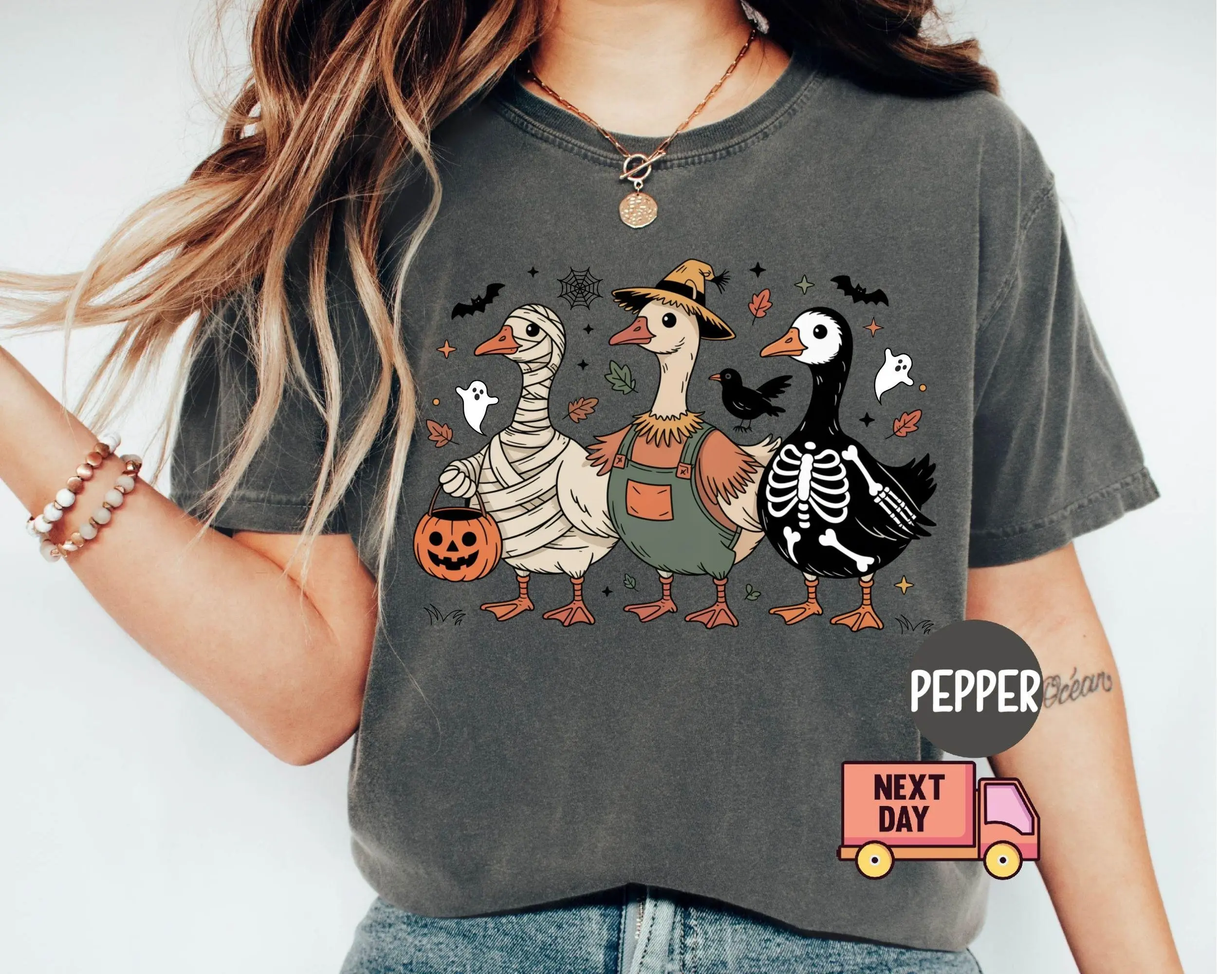 Comfort Colors Retro Goose Halloween Shirt, Ghost Pumpkin Witch Graphic Tee, Vintage Spooky Aesthetic Top - photo 4