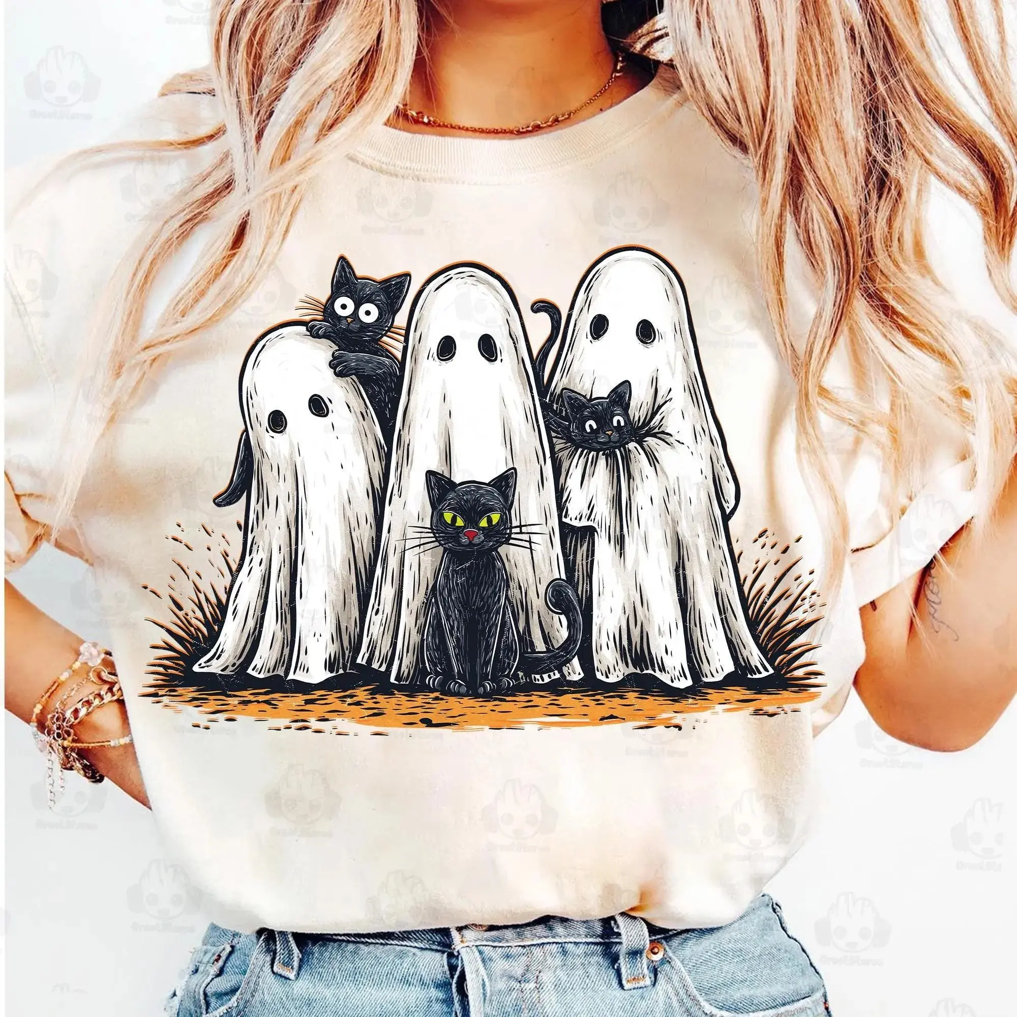 Comfort Colors Retro Ghost Black Cat Halloween T-Shirt, Preppy Floral Spooky Boo Funny Distressed Fall Tee
