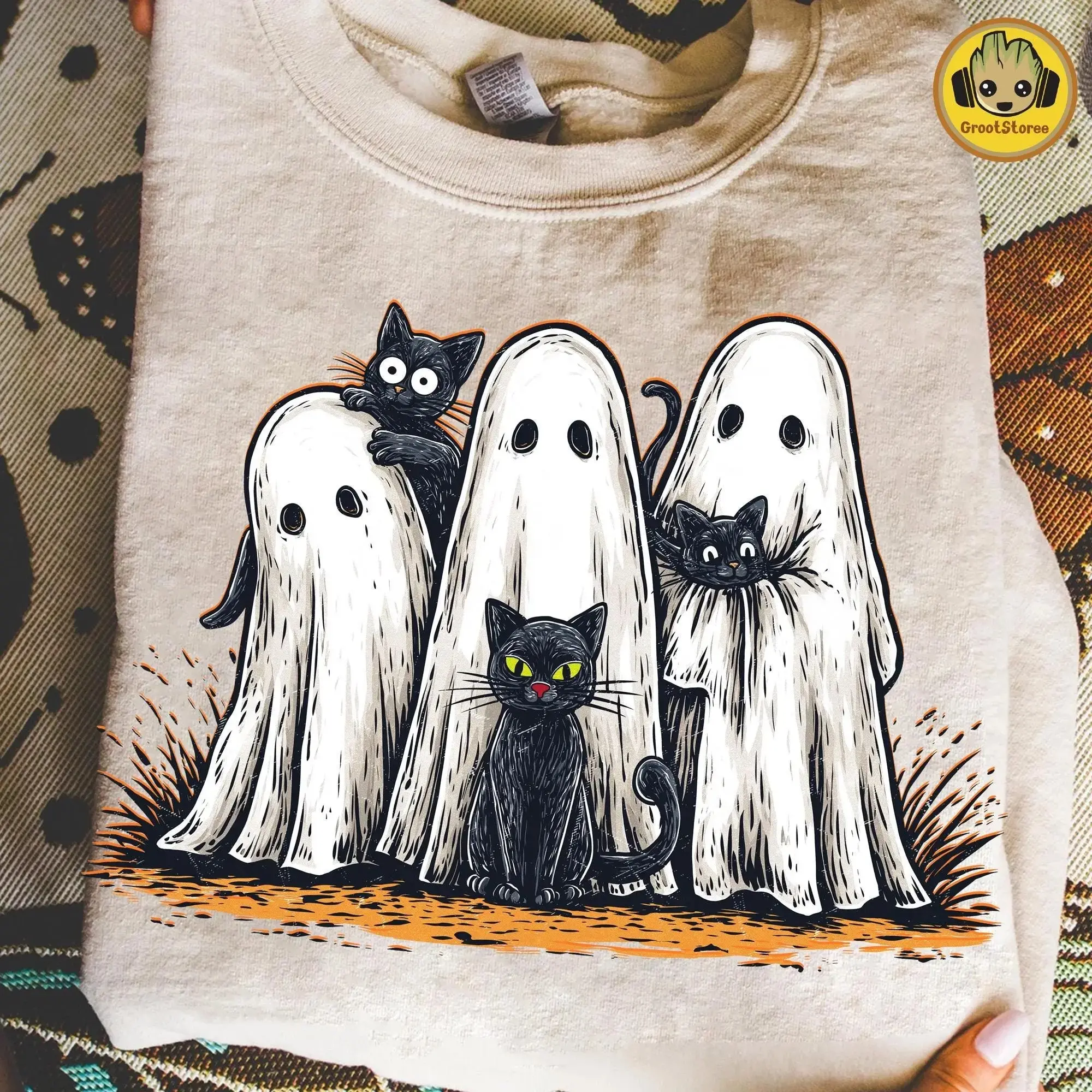 Comfort Colors Retro Ghost Black Cat Halloween T-Shirt, Preppy Floral Spooky Boo Funny Distressed Fall Tee - photo 2