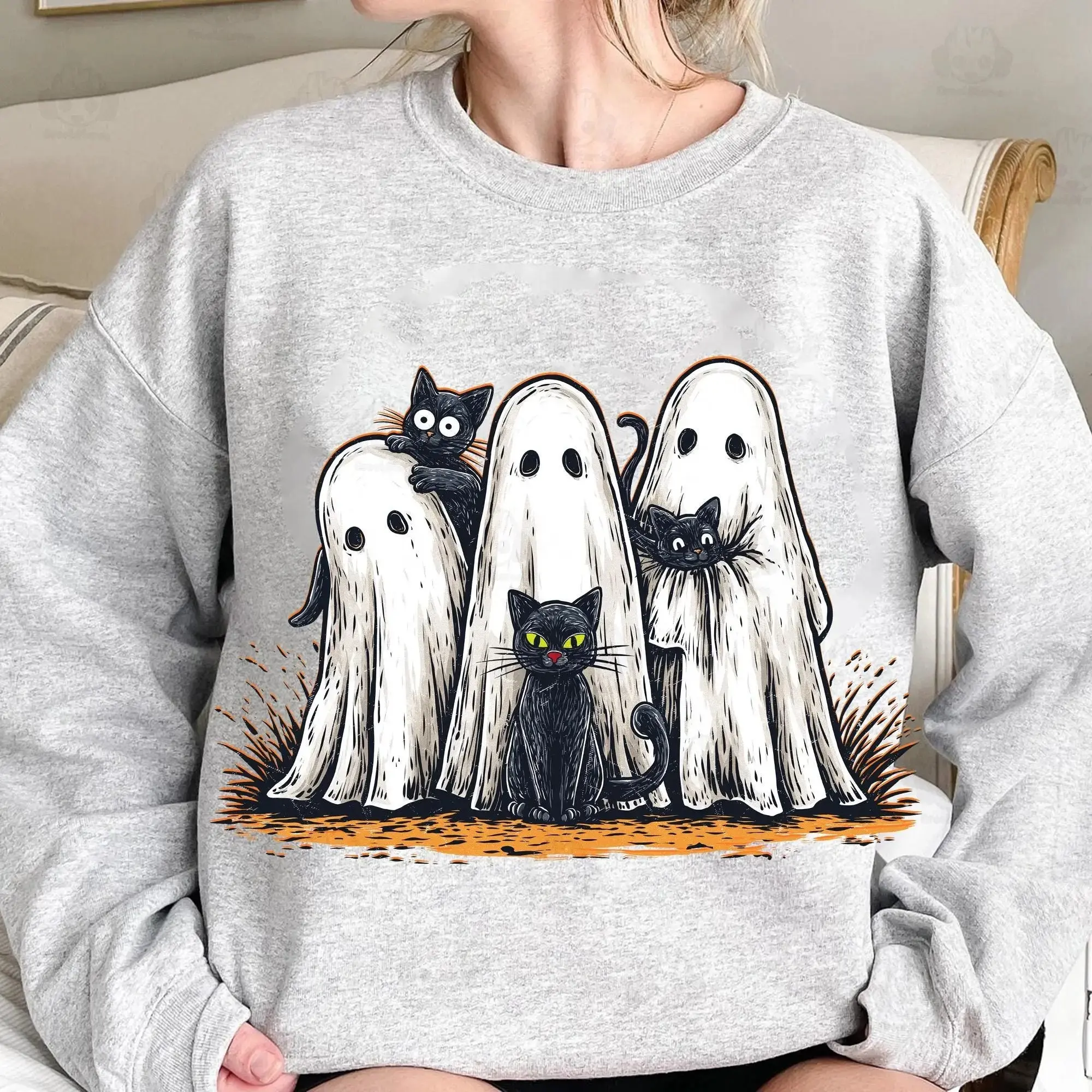 Comfort Colors Retro Ghost Black Cat Halloween T-Shirt, Preppy Floral Spooky Boo Funny Distressed Fall Tee - photo 4
