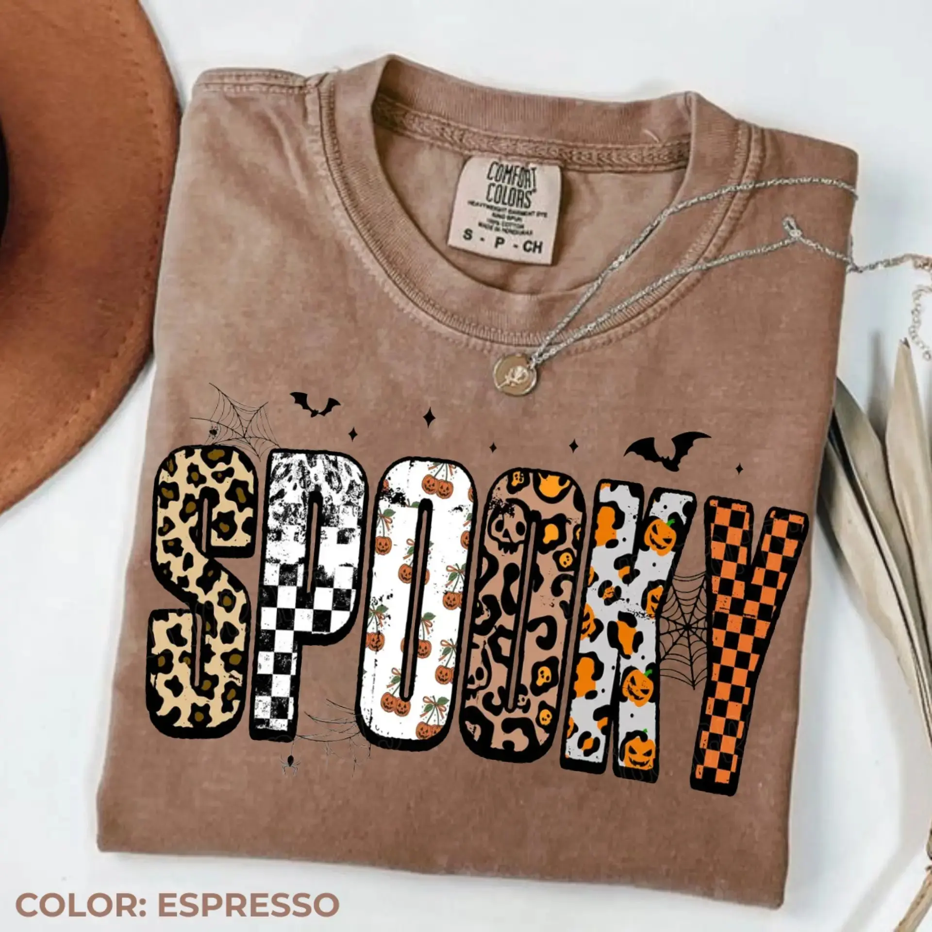 Comfort Colors Retro Halloween Spooky Shirt, Personalized Leopard Checkered Girly Fall Graphic Tee