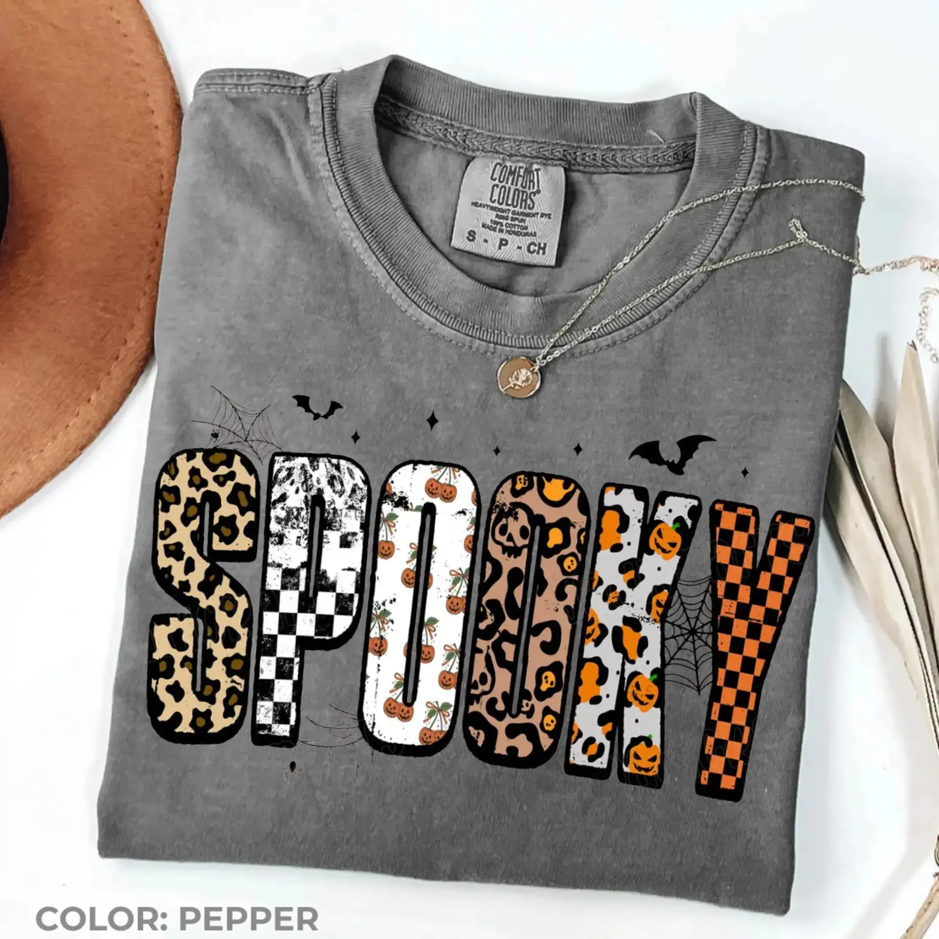 Comfort Colors Retro Halloween Spooky Shirt, Personalized Leopard Checkered Girly Fall Graphic Tee - photo 2
