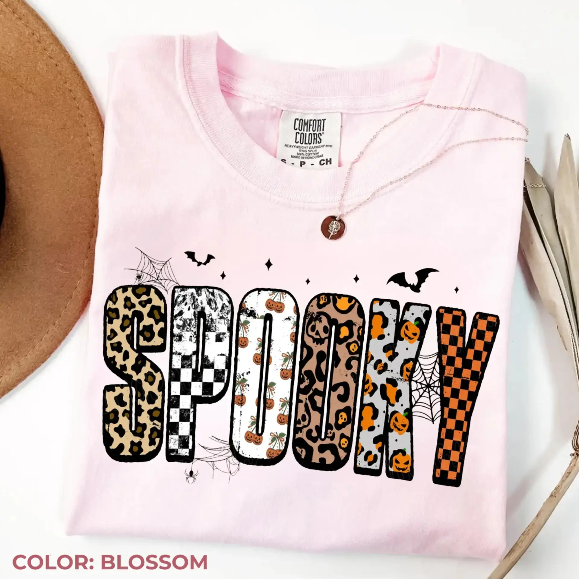 Comfort Colors Retro Halloween Spooky Shirt, Personalized Leopard Checkered Girly Fall Graphic Tee - photo 3