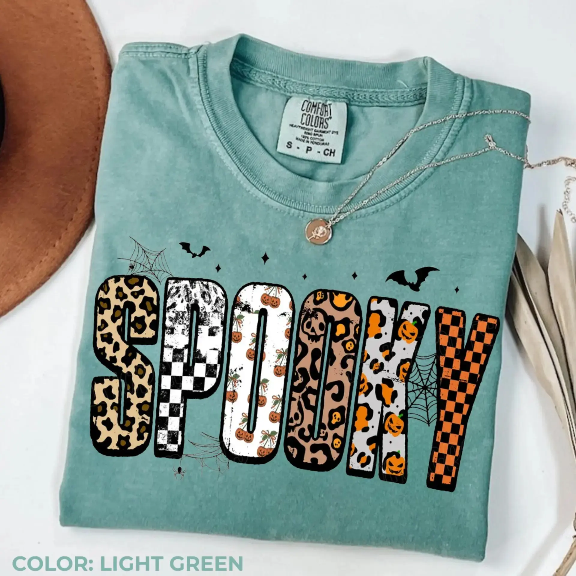 Comfort Colors Retro Halloween Spooky Shirt, Personalized Leopard Checkered Girly Fall Graphic Tee - photo 4
