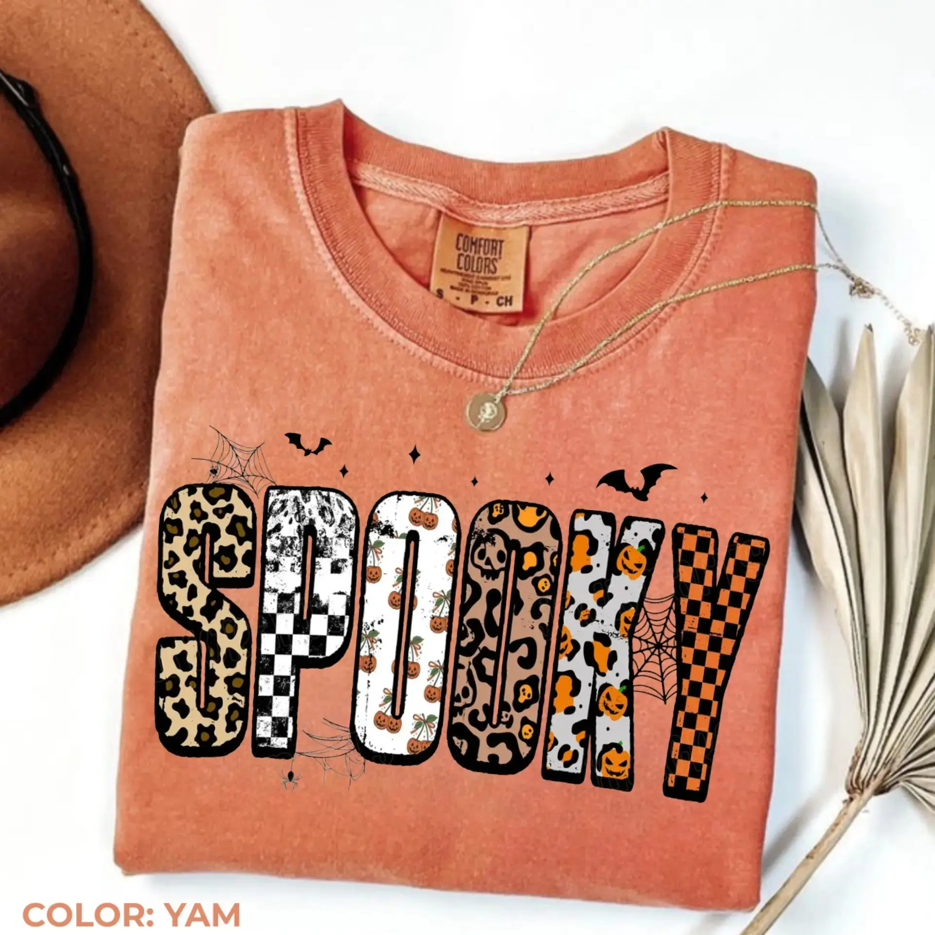 Comfort Colors Retro Halloween Spooky Shirt, Personalized Leopard Checkered Girly Fall Graphic Tee - photo 5