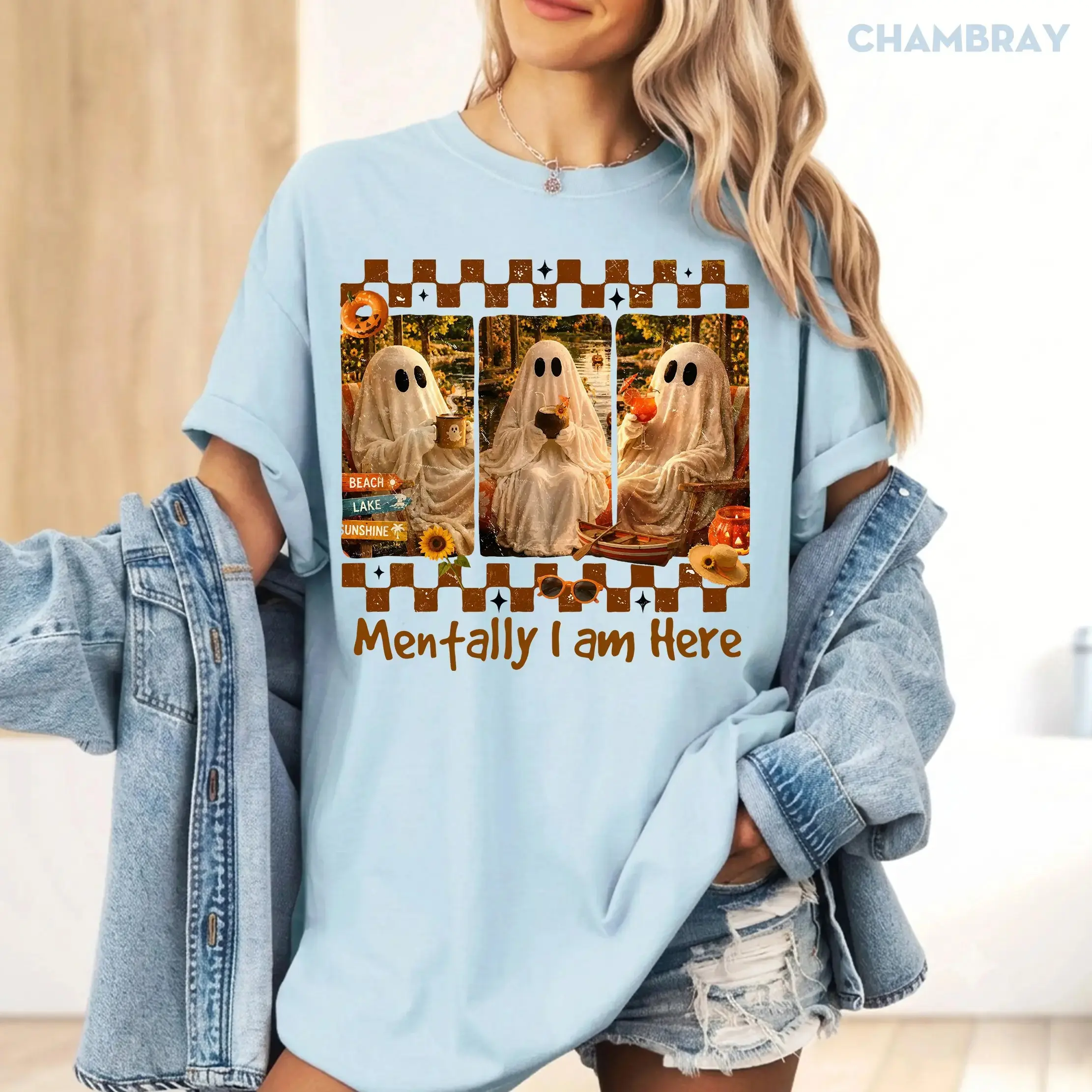 Comfort Colors Retro Mentally I Am at the Beach Summerween Ghost Shirt, Vintage Fall Halloween Pumpkin Graphic Tee - photo 3
