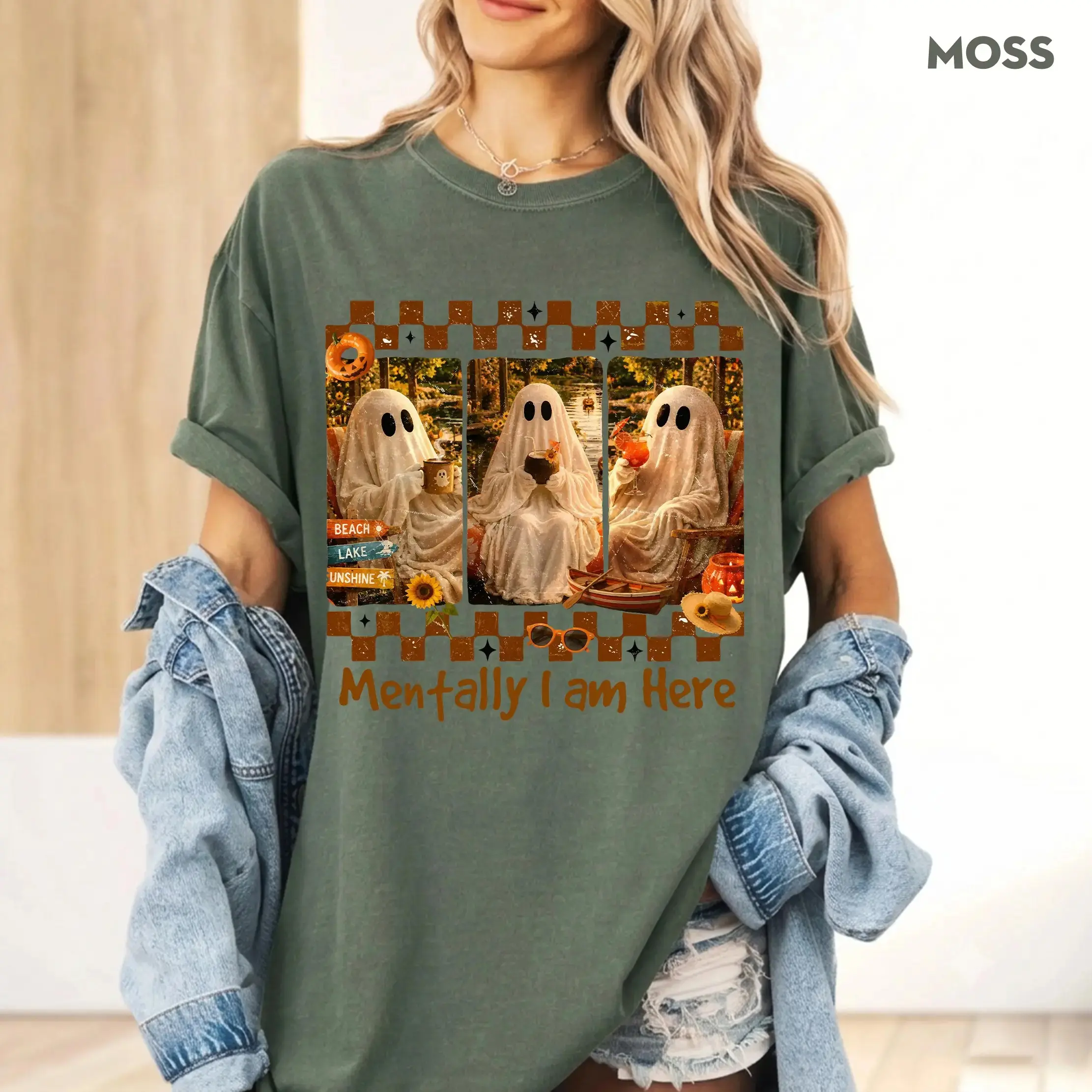 Comfort Colors Retro Mentally I Am at the Beach Summerween Ghost Shirt, Vintage Fall Halloween Pumpkin Graphic Tee - photo 4