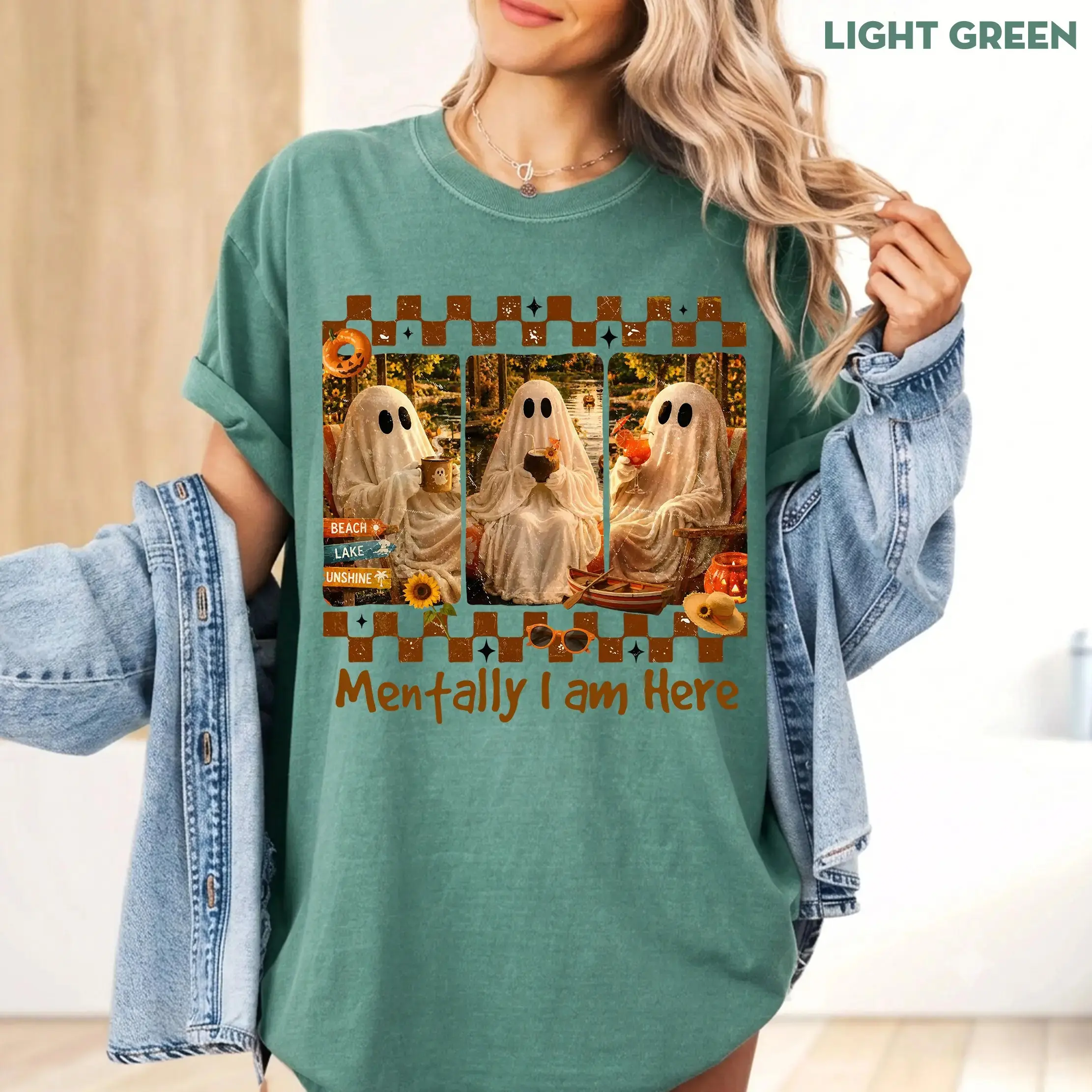 Comfort Colors Retro Mentally I Am at the Beach Summerween Ghost Shirt, Vintage Fall Halloween Pumpkin Graphic Tee - photo 5