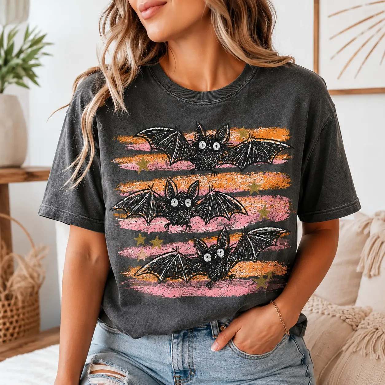 Comfort Colors Retro Orange Striped Flying Bats Shirt, Trick or Treat Spooky Witchy Autumn Tee for Teens