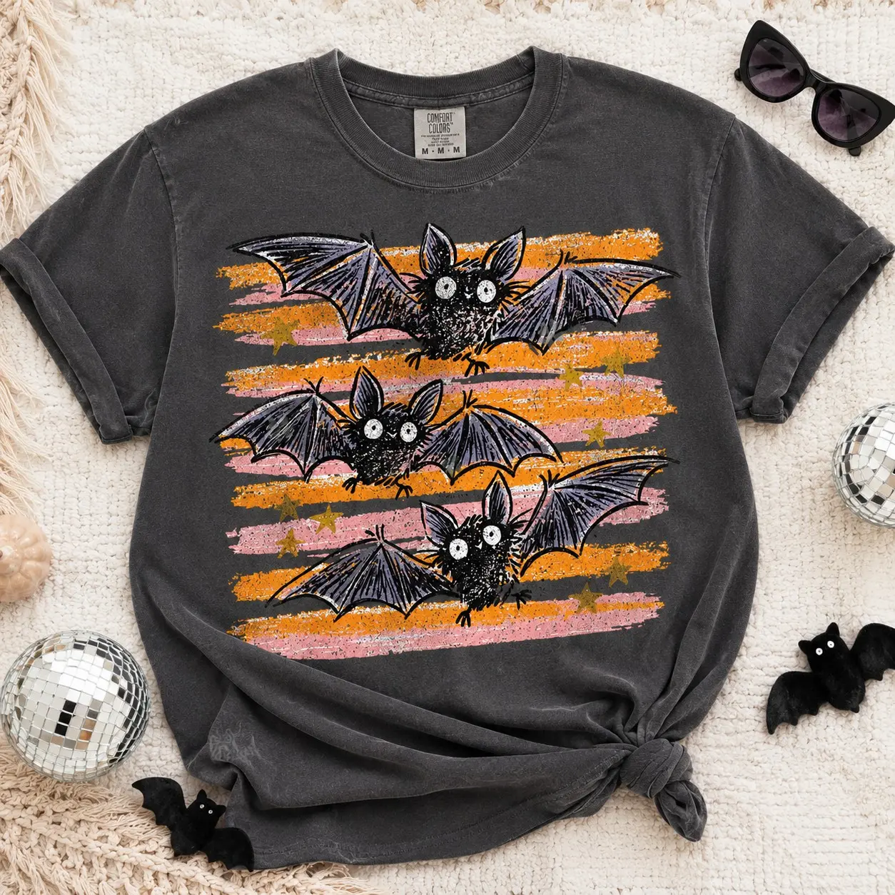 Comfort Colors Retro Orange Striped Flying Bats Shirt, Trick or Treat Spooky Witchy Autumn Tee for Teens - photo 2