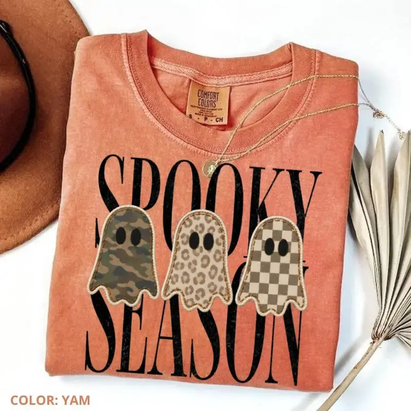 Comfort Colors Retro patchwork ghosts Shirt, checkered ghost, trendy fall - photo 2
