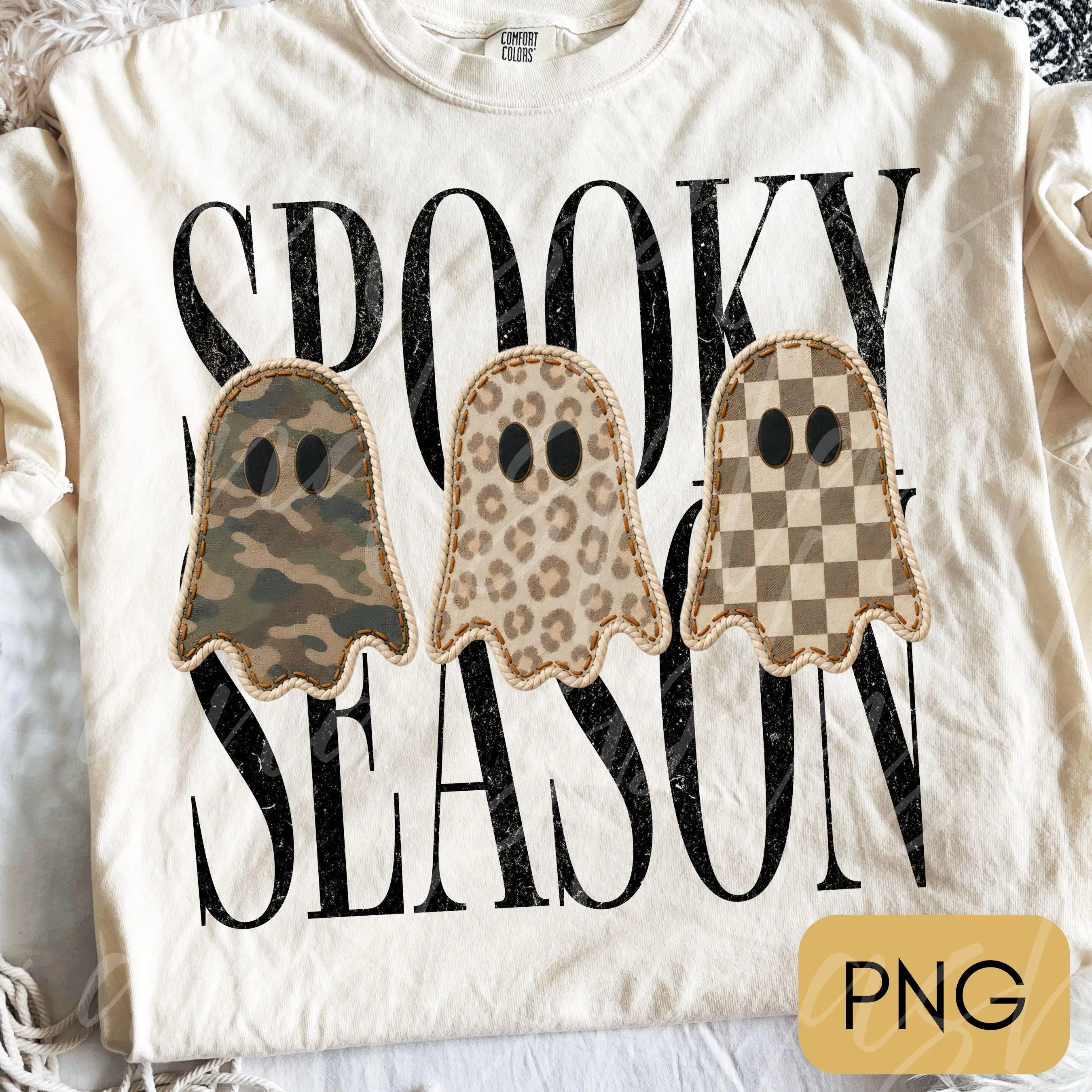 Comfort Colors Retro Patchwork Ghosts Womens T-Shirt, Checkered Ghost Halloween Tee, Trendy Fall Graphic Shirt - photo 3