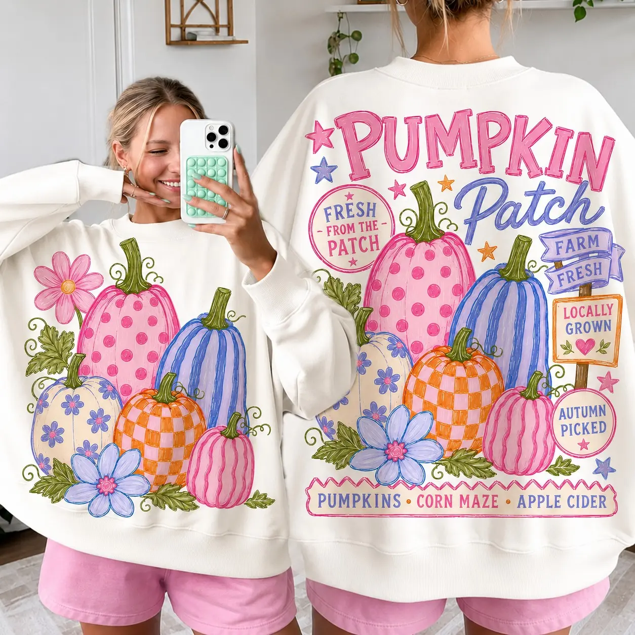 Comfort Colors Retro Pumpkin Patch Sweatshirt, Preppy Front and Back Farm Fresh Autumn Fall Crewneck