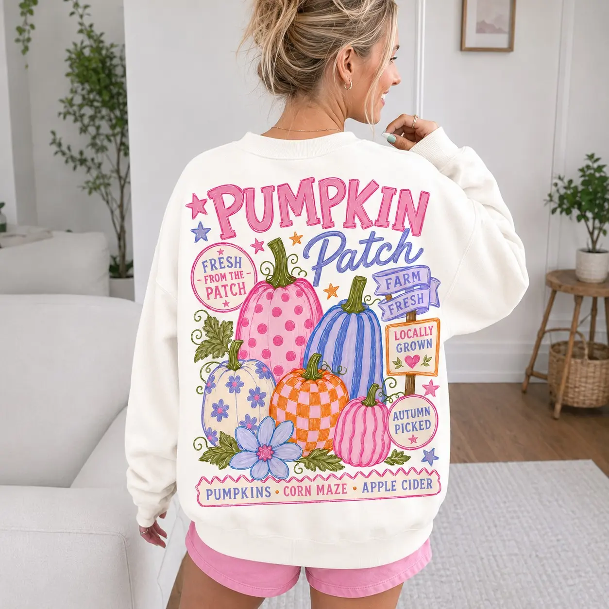 Comfort Colors Retro Pumpkin Patch Sweatshirt, Preppy Front and Back Farm Fresh Autumn Fall Crewneck - photo 2