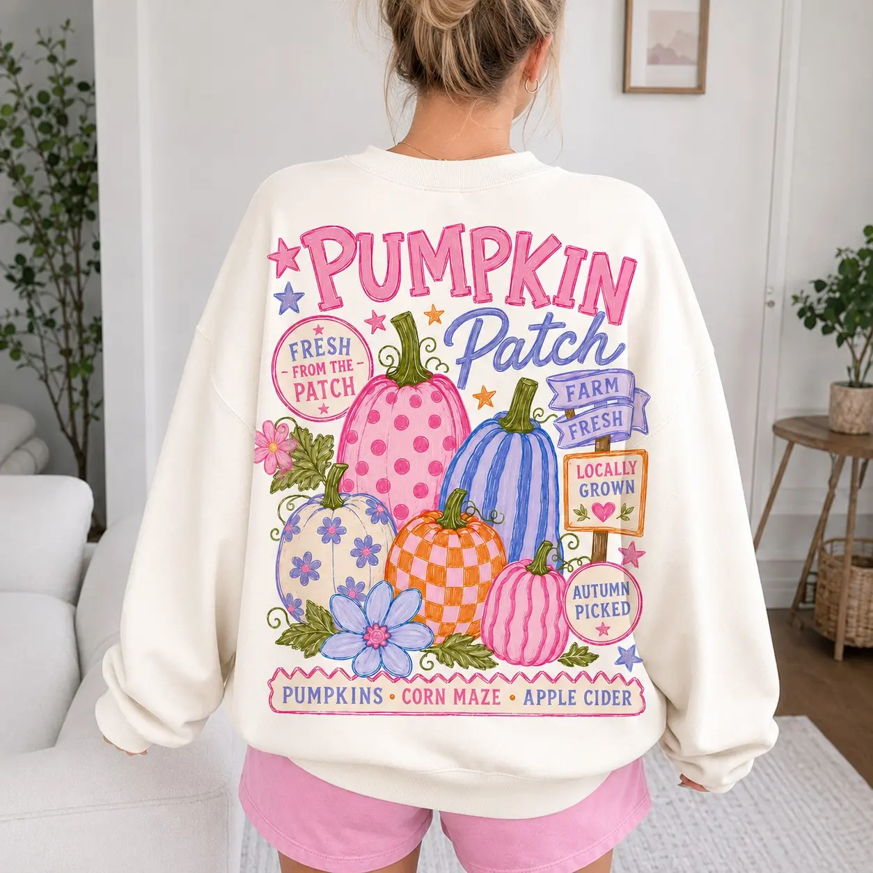 Comfort Colors Retro Pumpkin Patch Sweatshirt, Preppy Front and Back Farm Fresh Autumn Fall Crewneck - photo 3