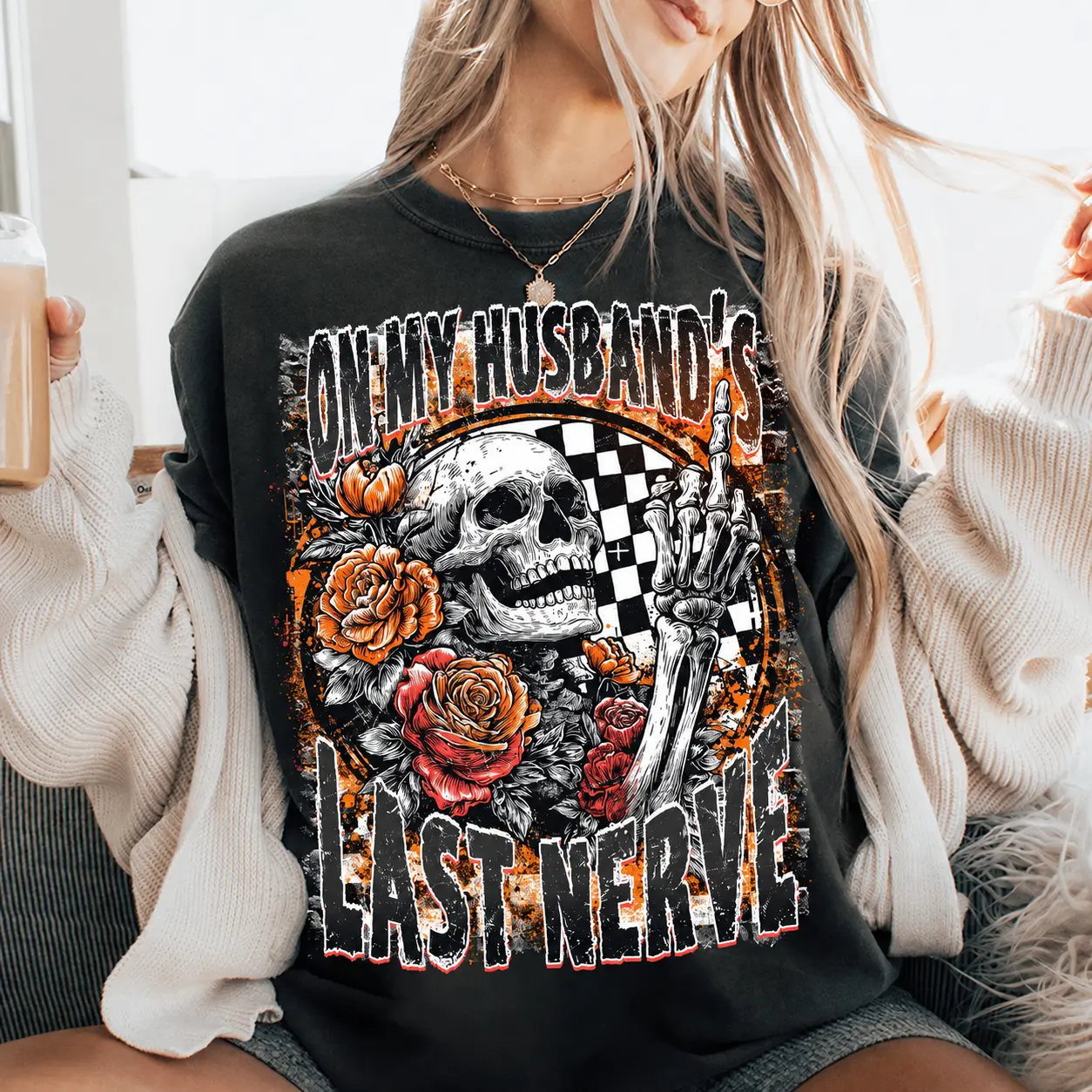 Comfort Colors On My Husband's Last Nerve Shirt, Retro Skeleton Skull Flowers Halloween Spooky Wife Tee