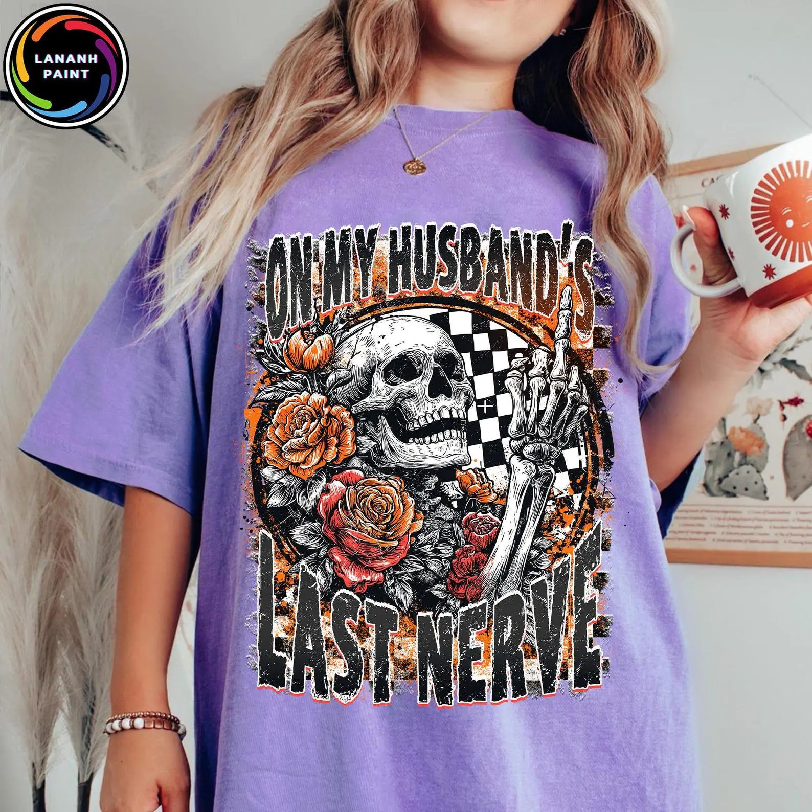 Comfort Colors On My Husband's Last Nerve Shirt, Retro Skeleton Skull Flowers Halloween Spooky Wife Tee - photo 2