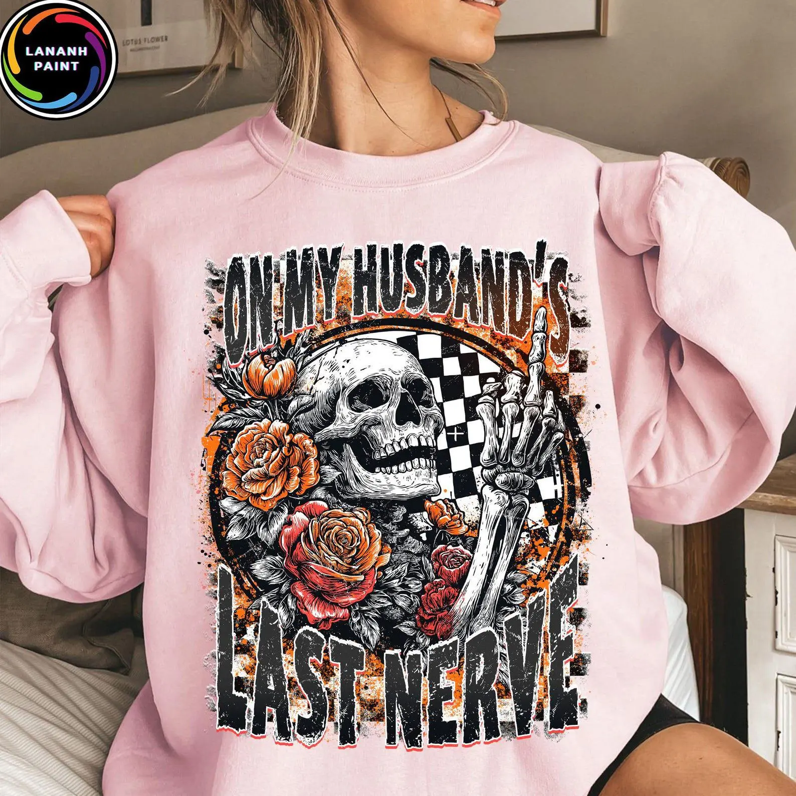 Comfort Colors On My Husband's Last Nerve Shirt, Retro Skeleton Skull Flowers Halloween Spooky Wife Tee - photo 3