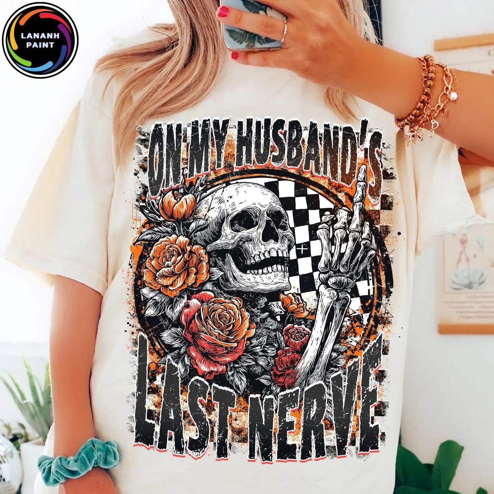 Comfort Colors On My Husband's Last Nerve Shirt, Retro Skeleton Skull Flowers Halloween Spooky Wife Tee - photo 4