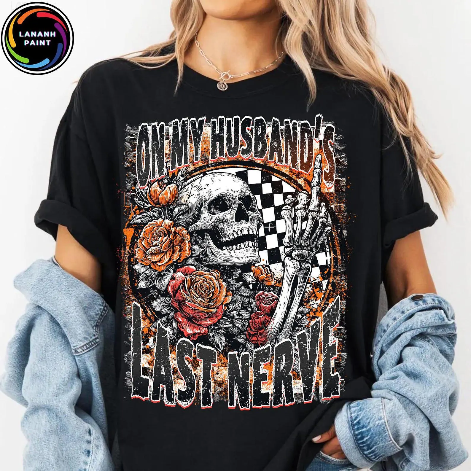 Comfort Colors On My Husband's Last Nerve Shirt, Retro Skeleton Skull Flowers Halloween Spooky Wife Tee - photo 5